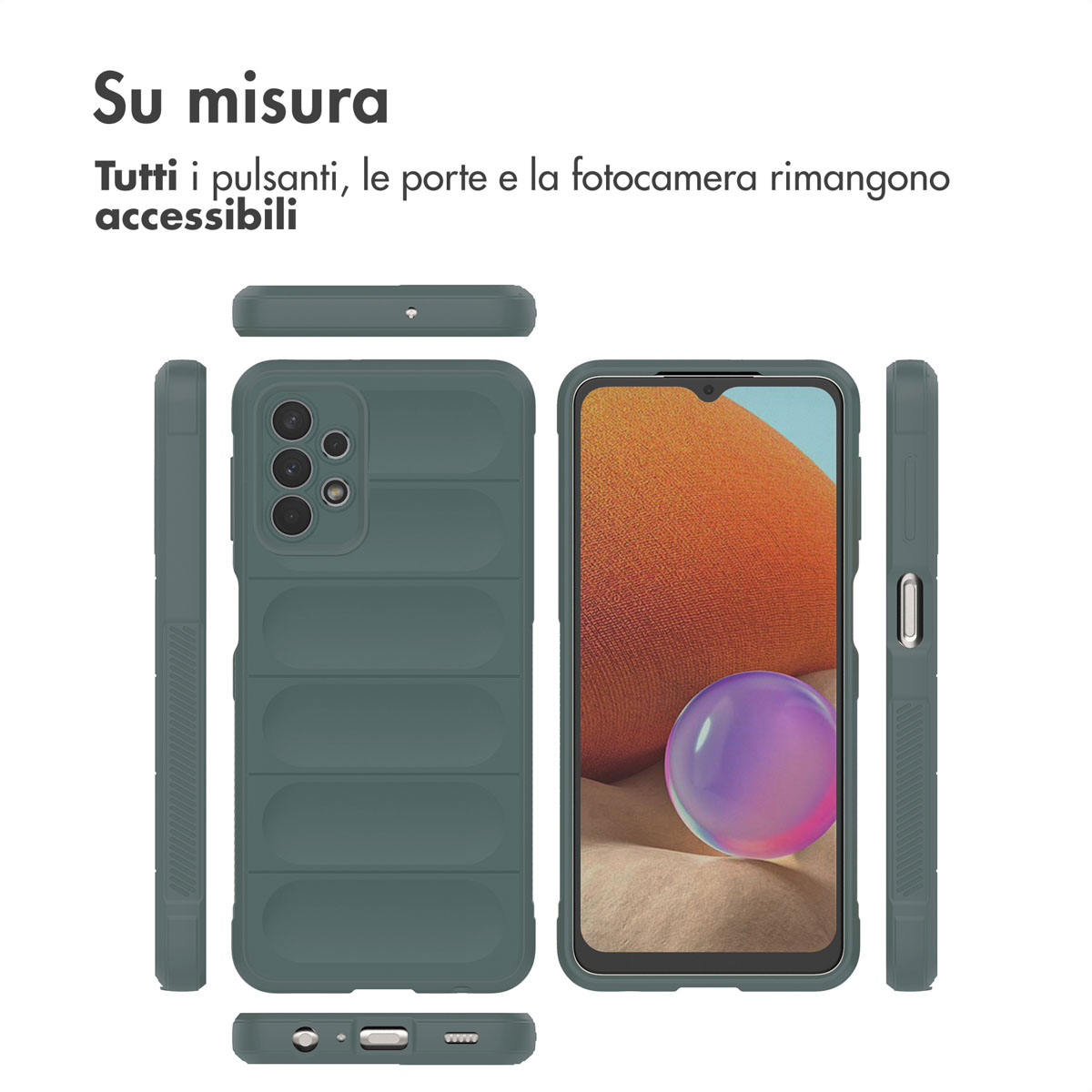 Trois vues d'une coque de téléphone verte à nervures horizontales. Une vue montre un téléphone avec un fond orange.