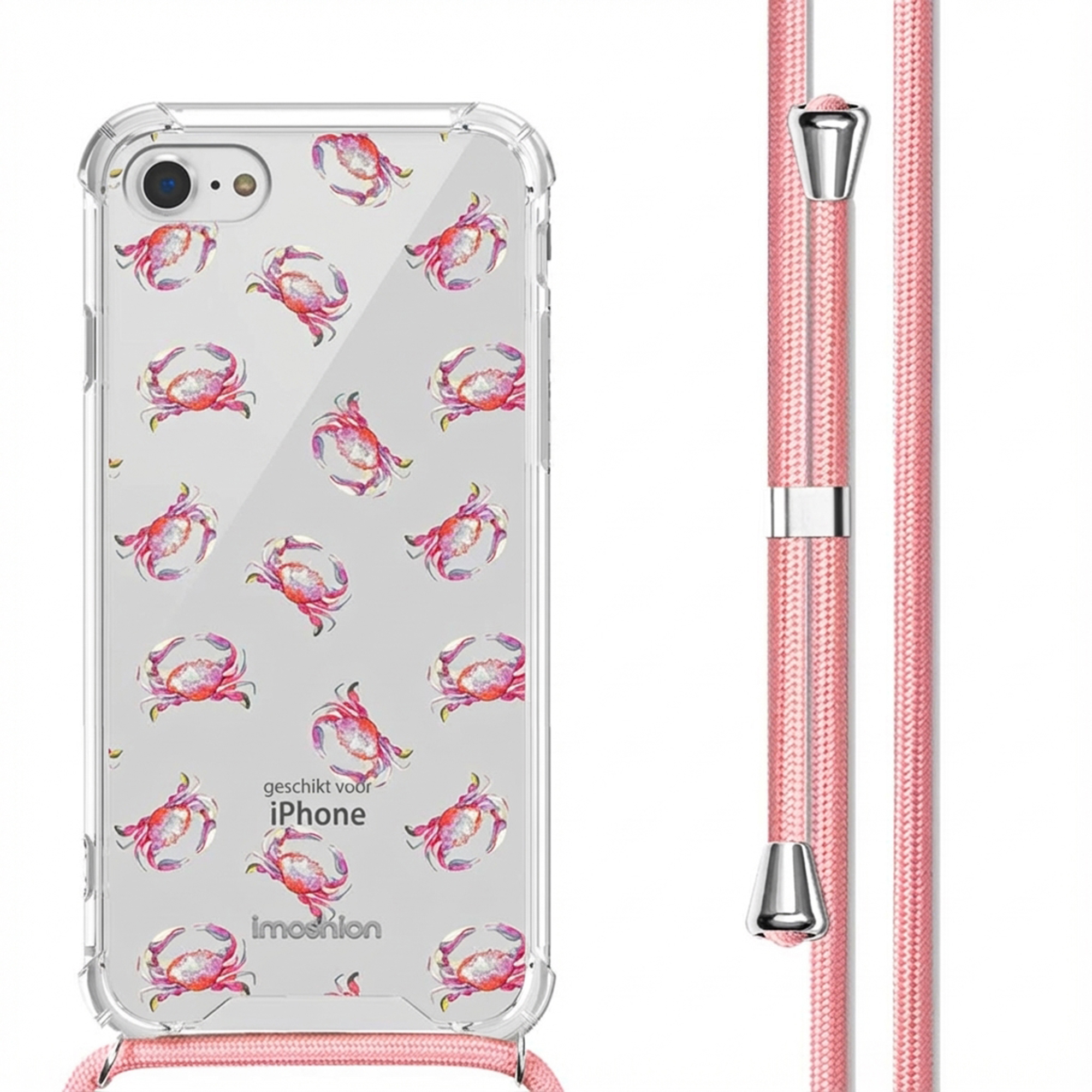 iPhone hoesje met roze krab-patroon en bandje.