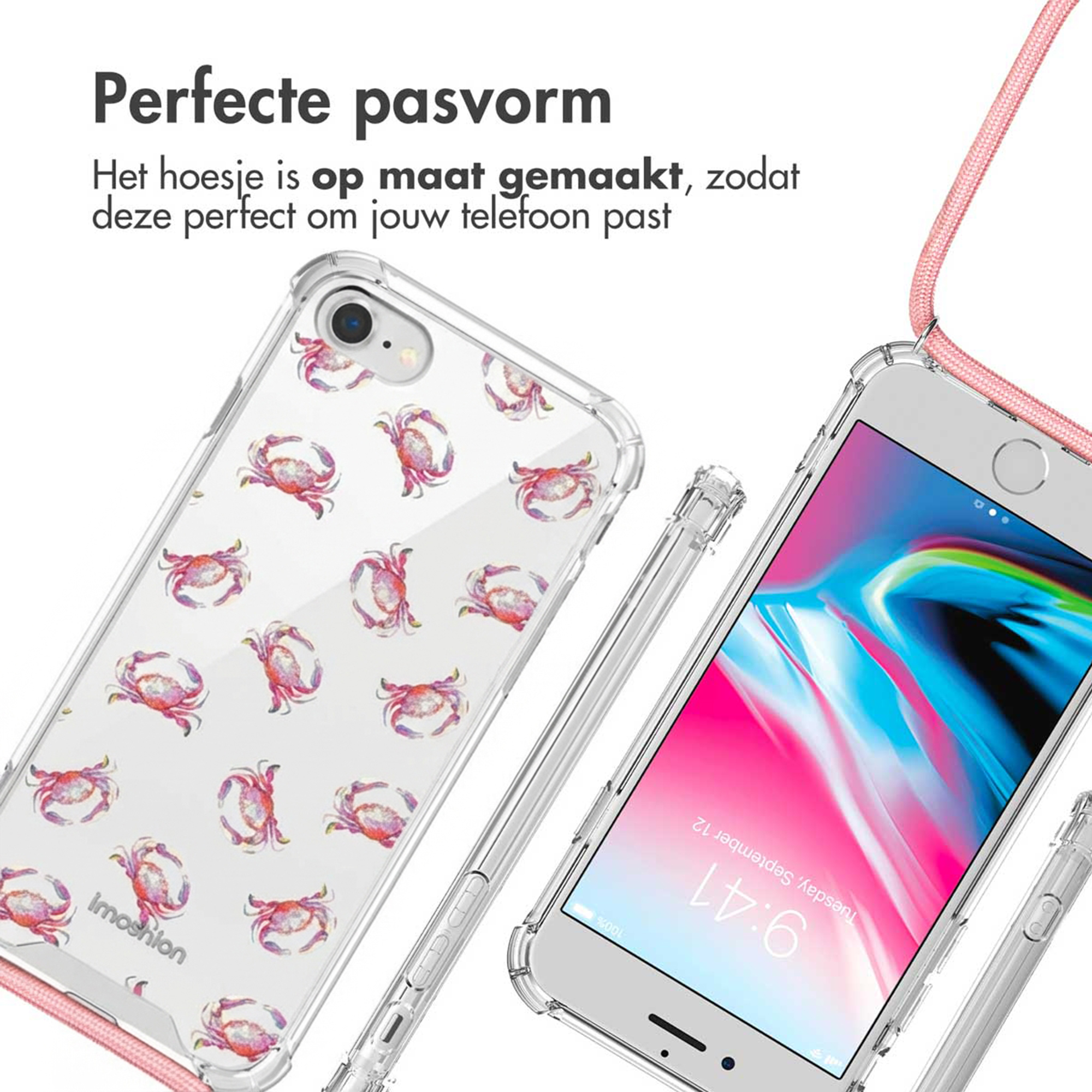 Doorzichtige telefoonhoes met krabprint en roze koord.