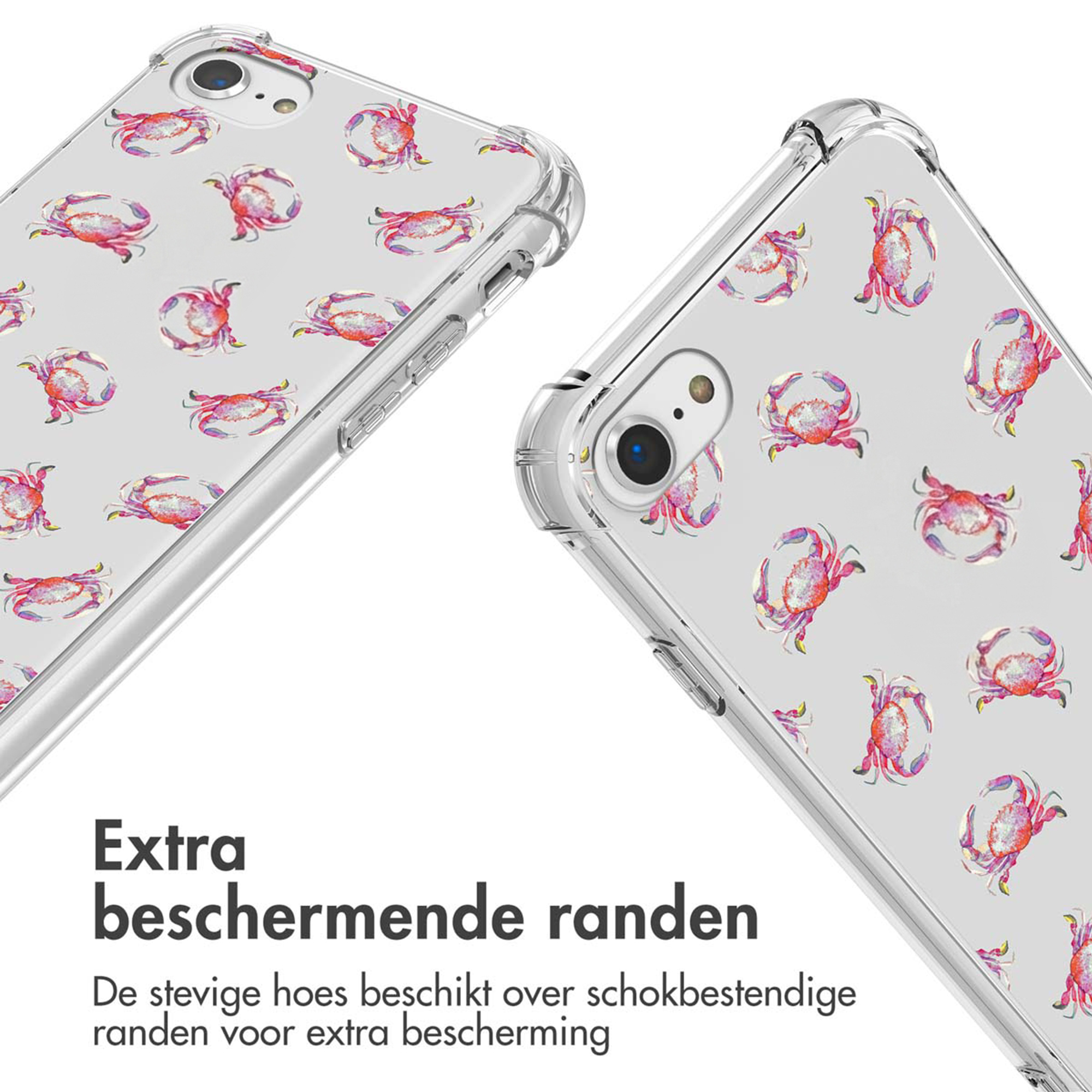 Twee doorzichtige telefoonhoesjes met een patroon van roze en paarse aquarel krabben.