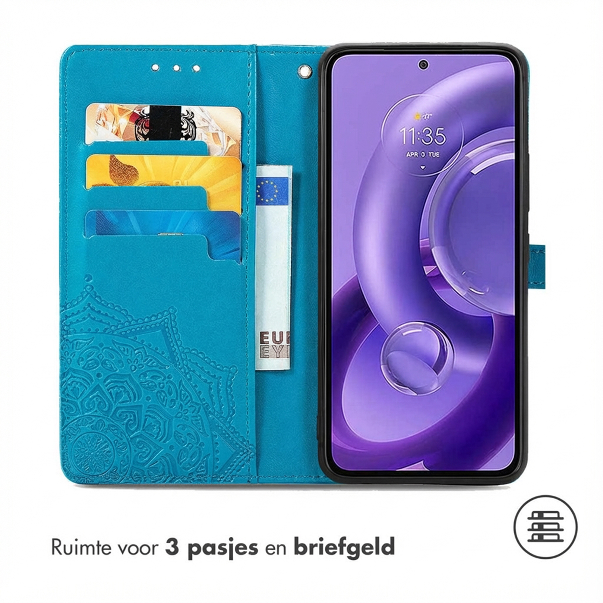 Een blauwe telefoonhoes met kaartsleuven en een close-up van het scherm.