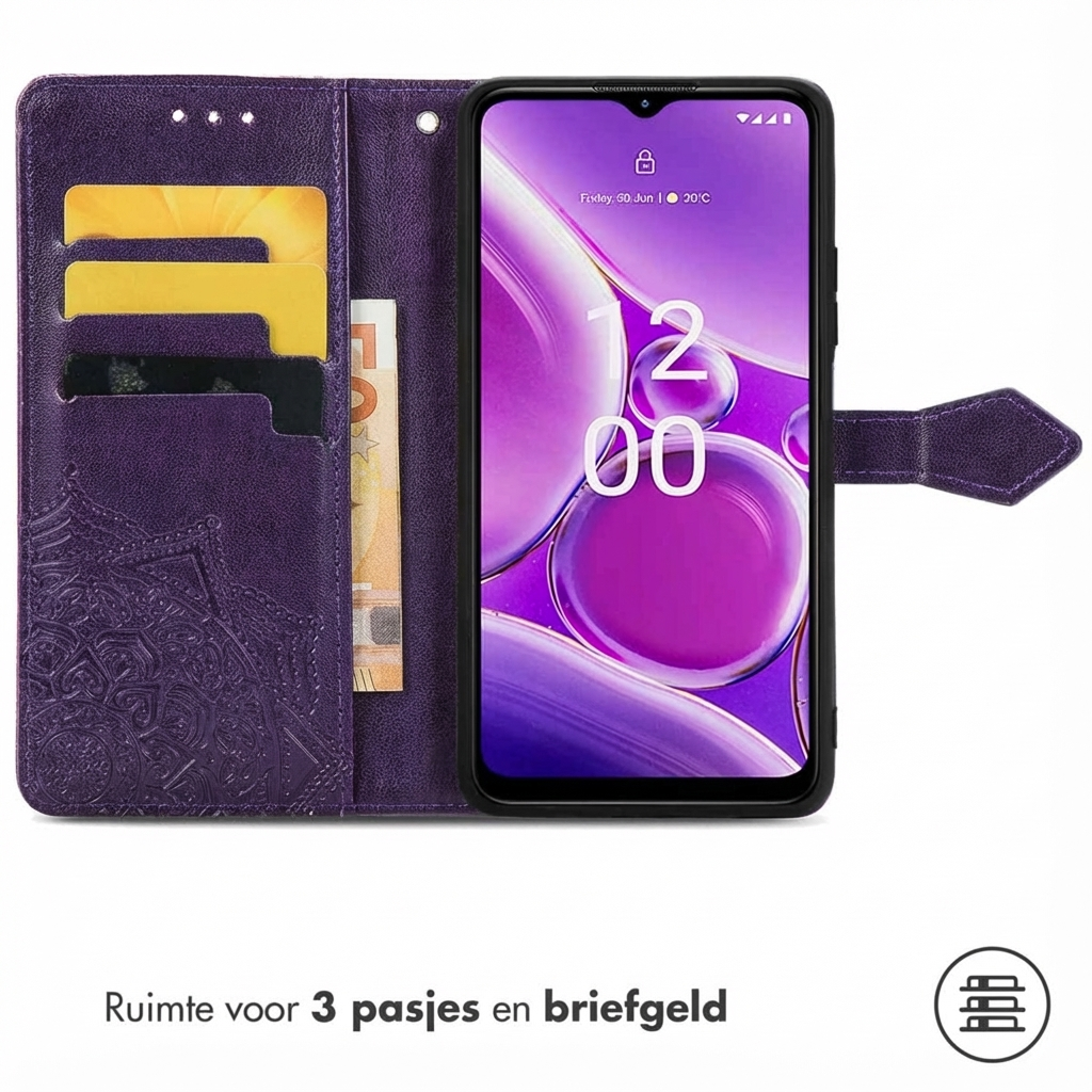 Paarse telefoonhoes met kaarthouders en geldvak. Toont tijd 12:00.