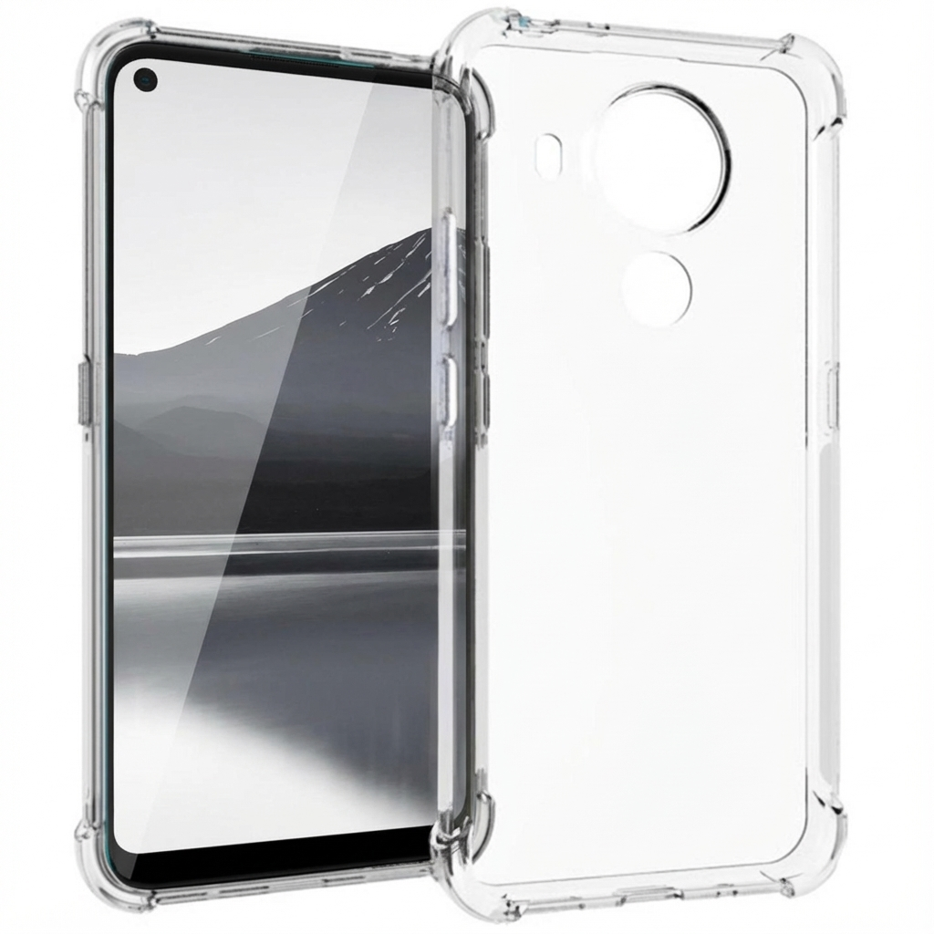 Een doorzichtige telefoonhoes naast een smartphone met bergmotief.