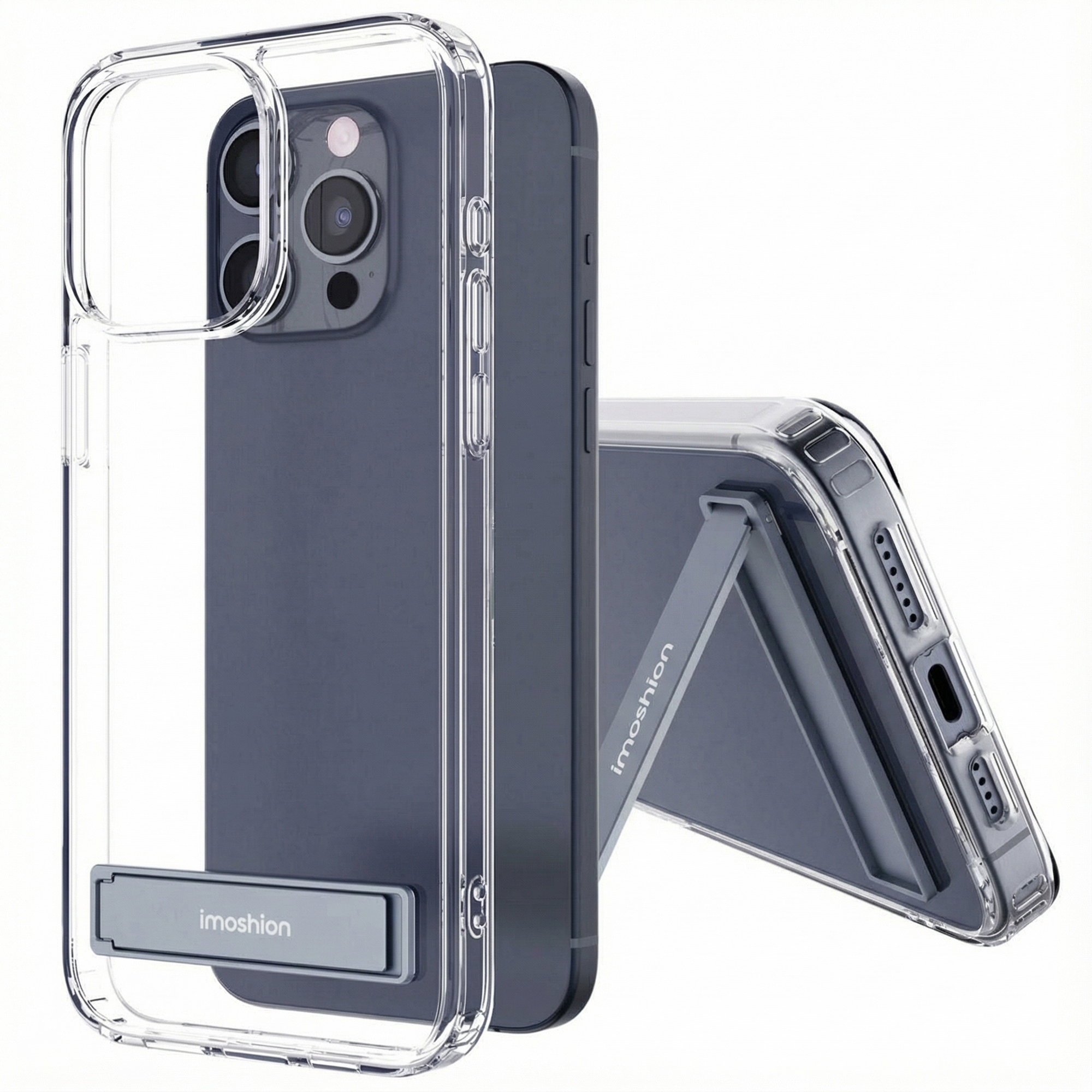 Coque transparente avec support pour iPhone. Montre caméra, boutons et ports.