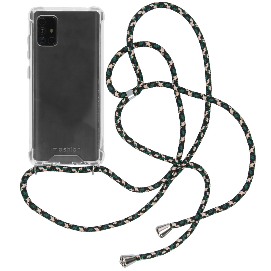 Une coque de téléphone transparente avec une lanière camouflage.