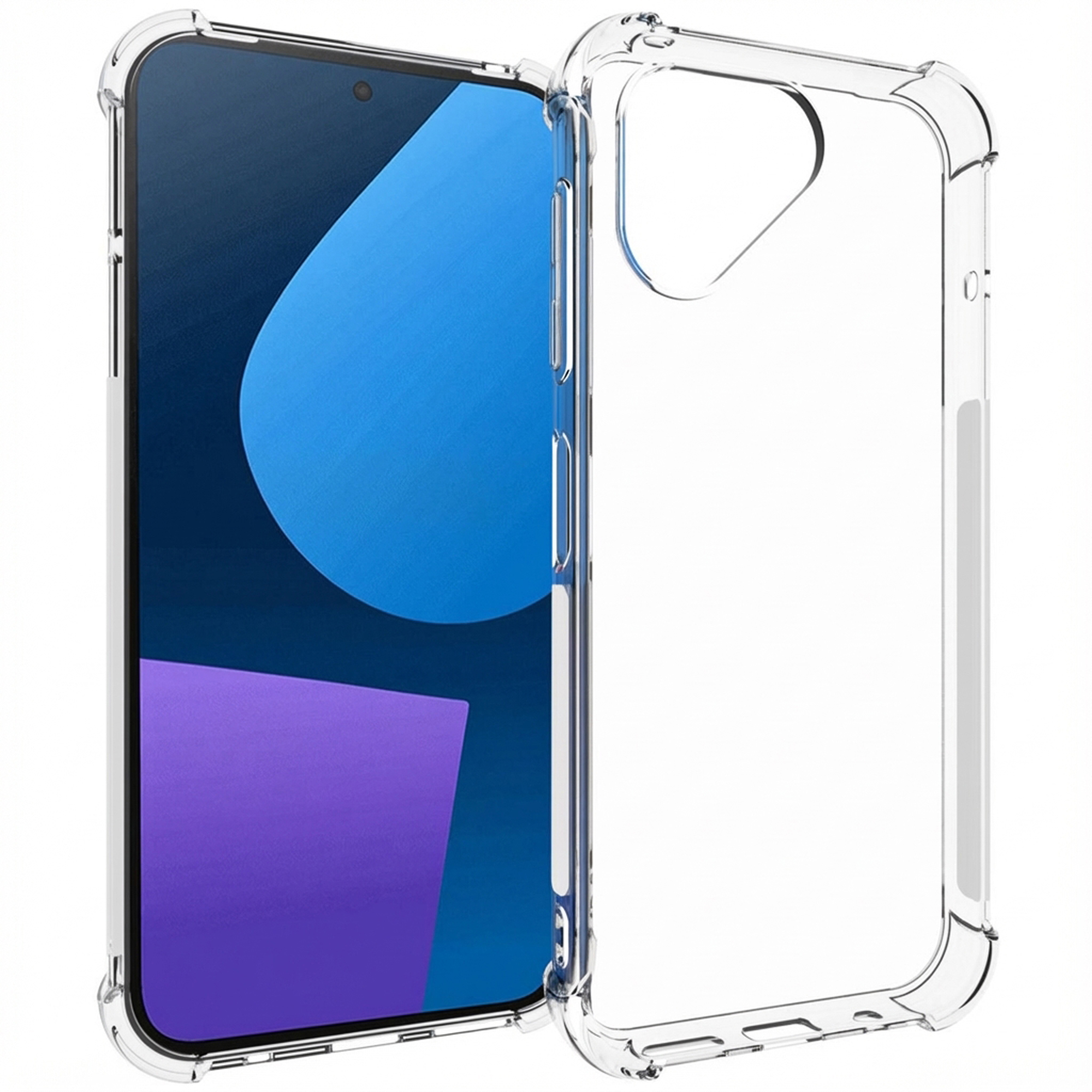 Transparente Handyhülle mit verstärkten Ecken neben einem Smartphone mit blauem und lila Hintergrund.