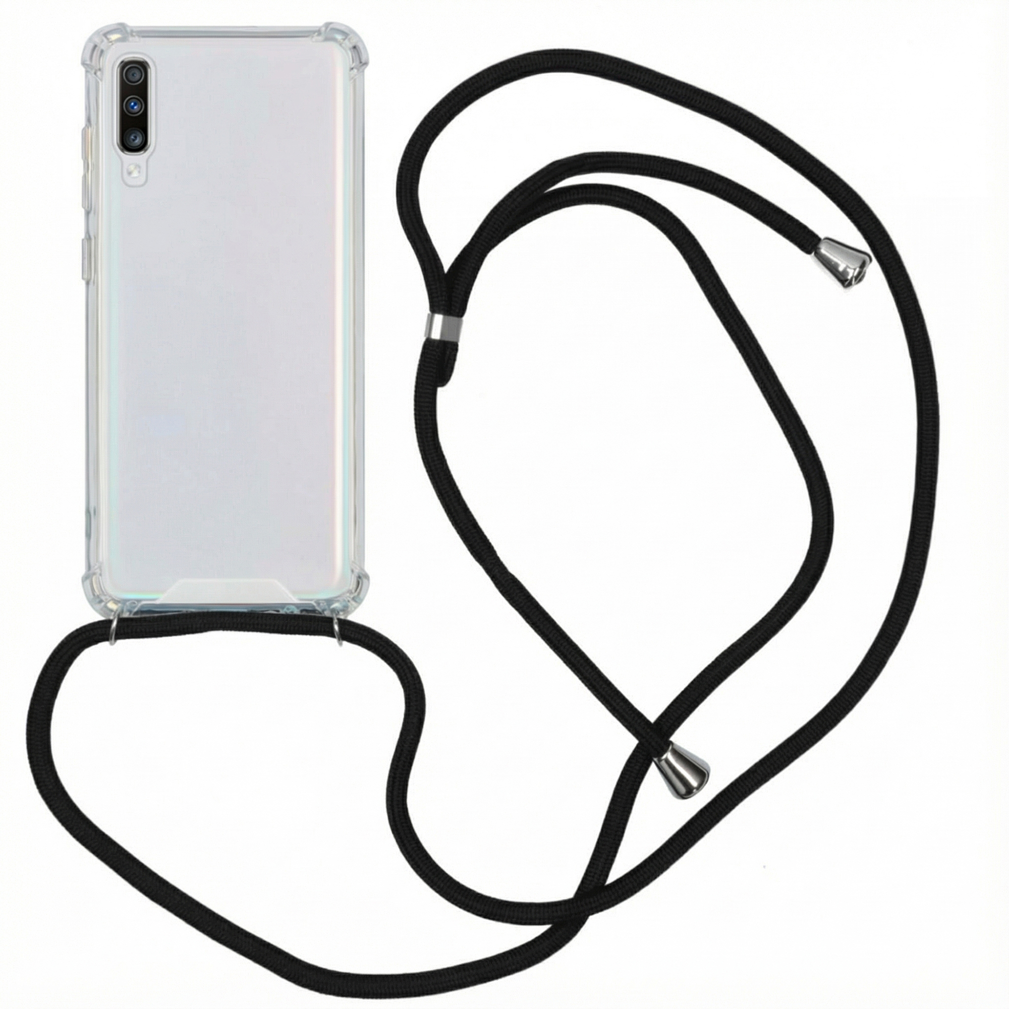 Une coque de téléphone transparente avec cordon noir et embouts argentés.