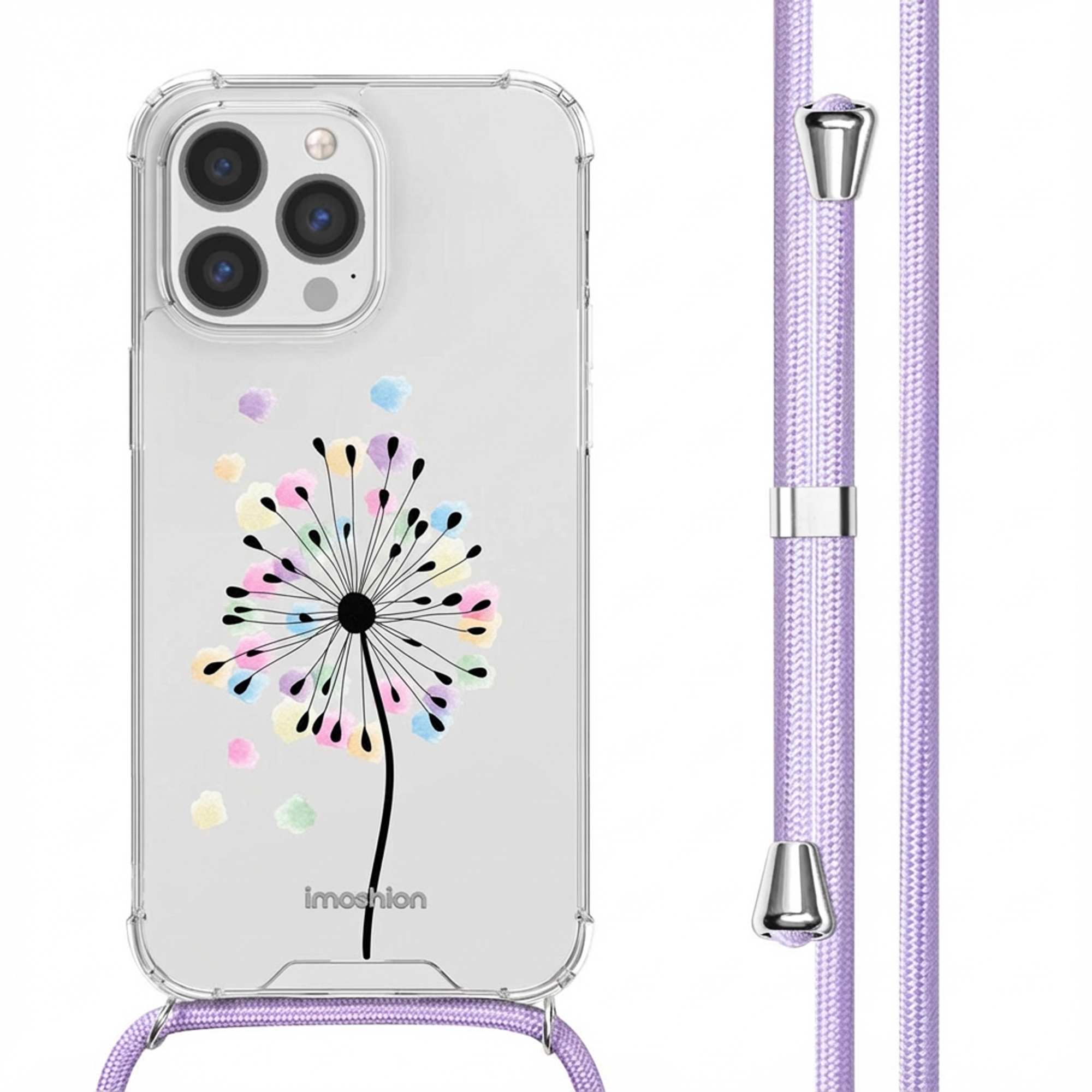 Coque transparente avec motif pissenlit et cordon violet.