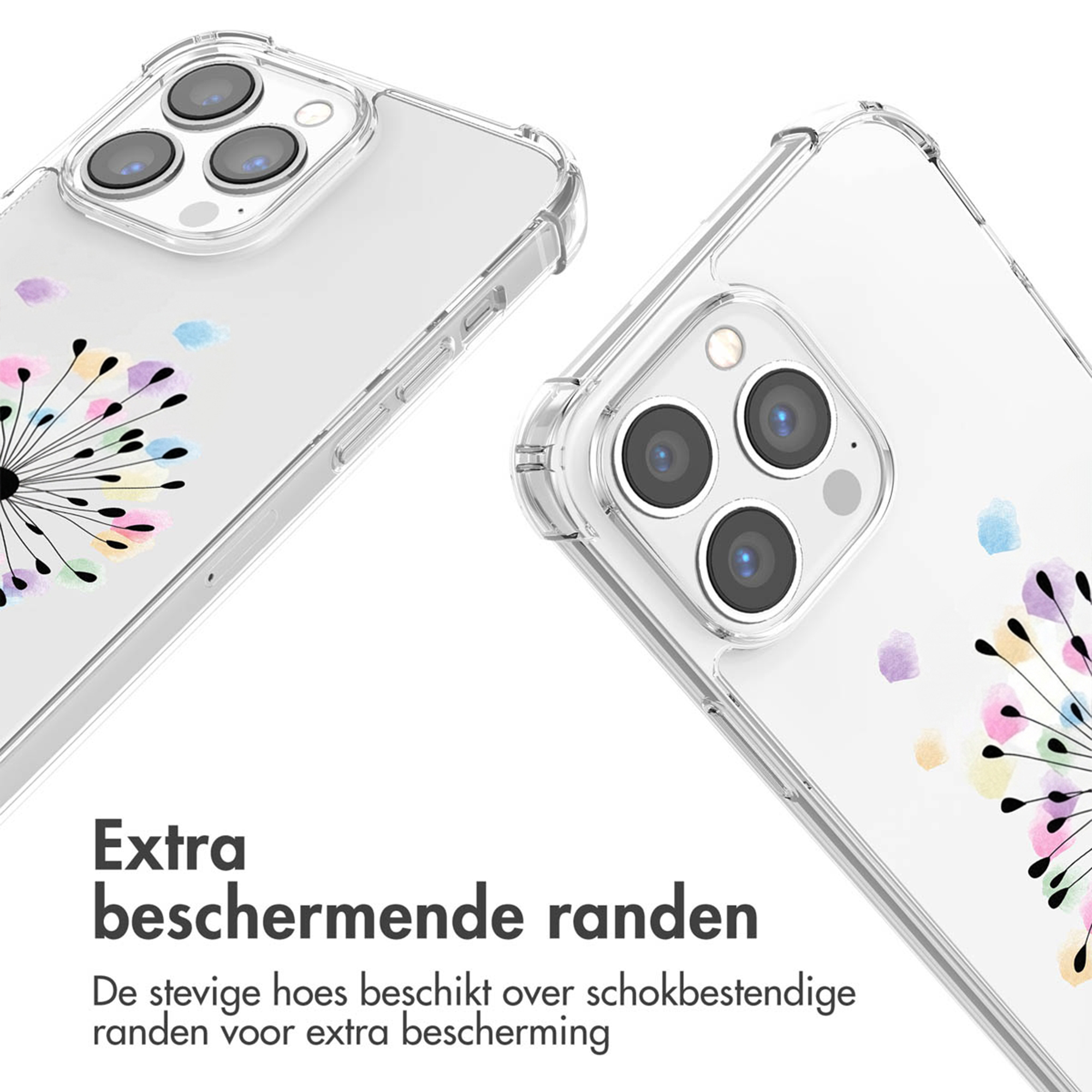 Une coque de téléphone transparente avec un motif floral délicat et des bords renforcés.