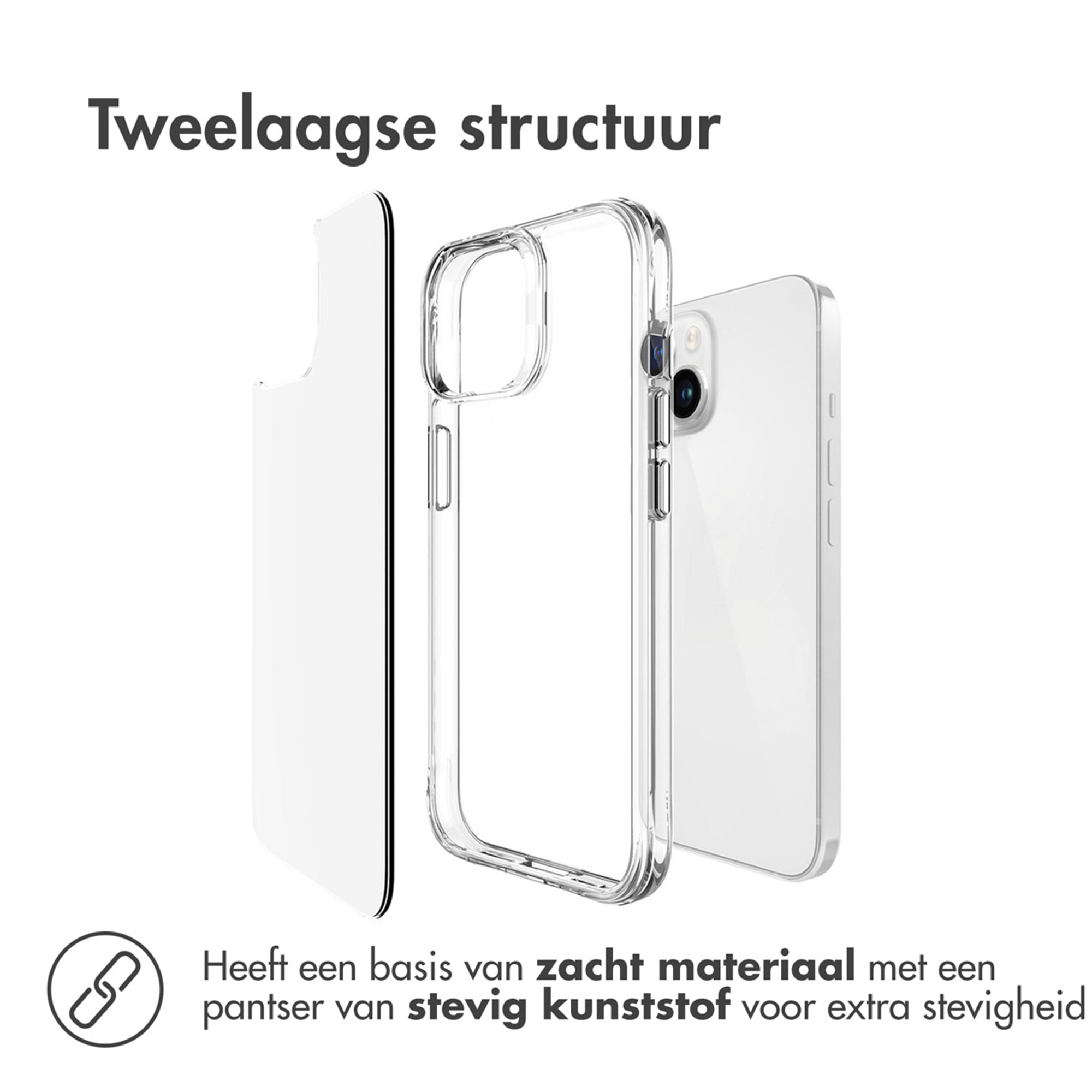Une coque transparente à deux couches est montrée à côté d'un smartphone.