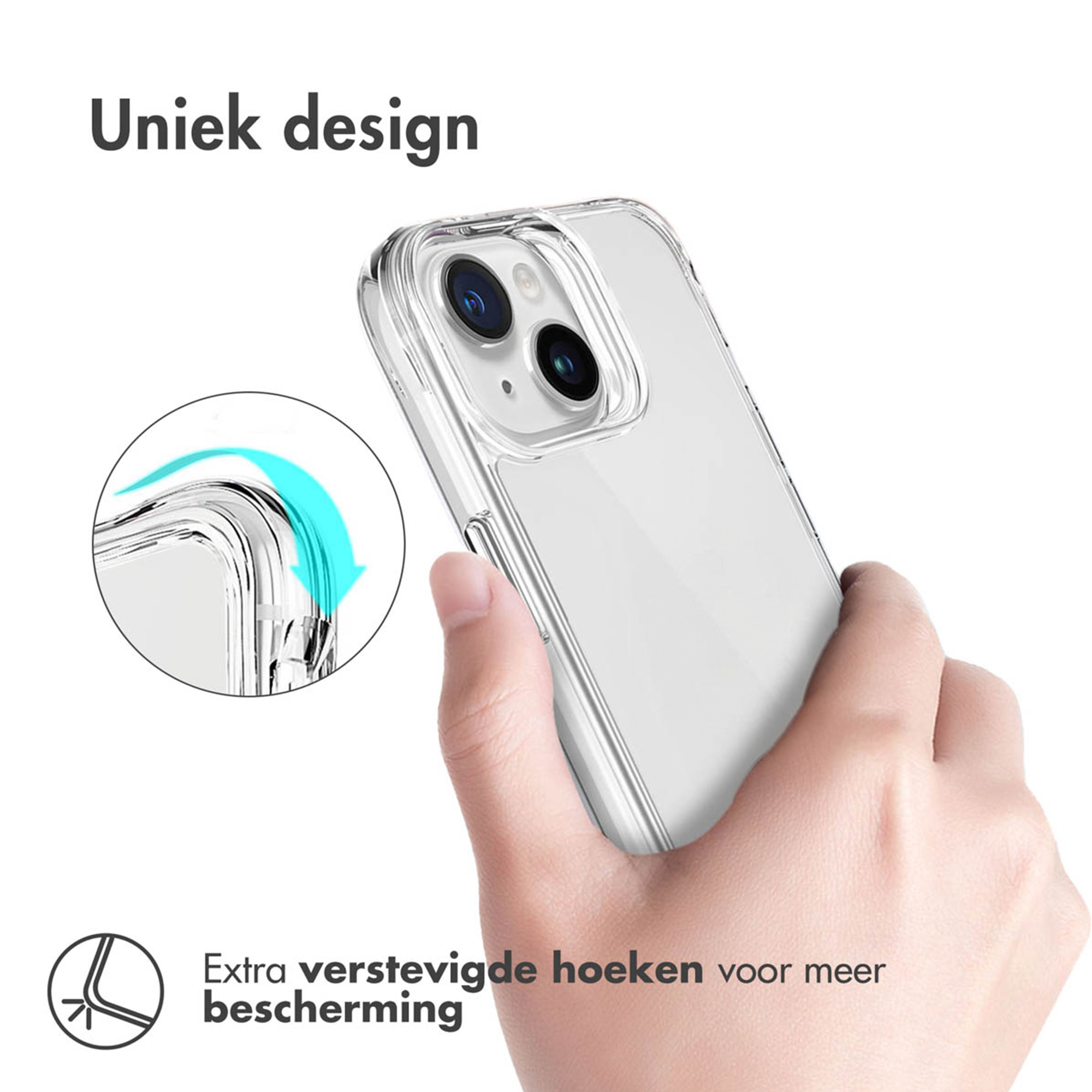 Coque de téléphone transparente avec coins renforcés, tenue en main.