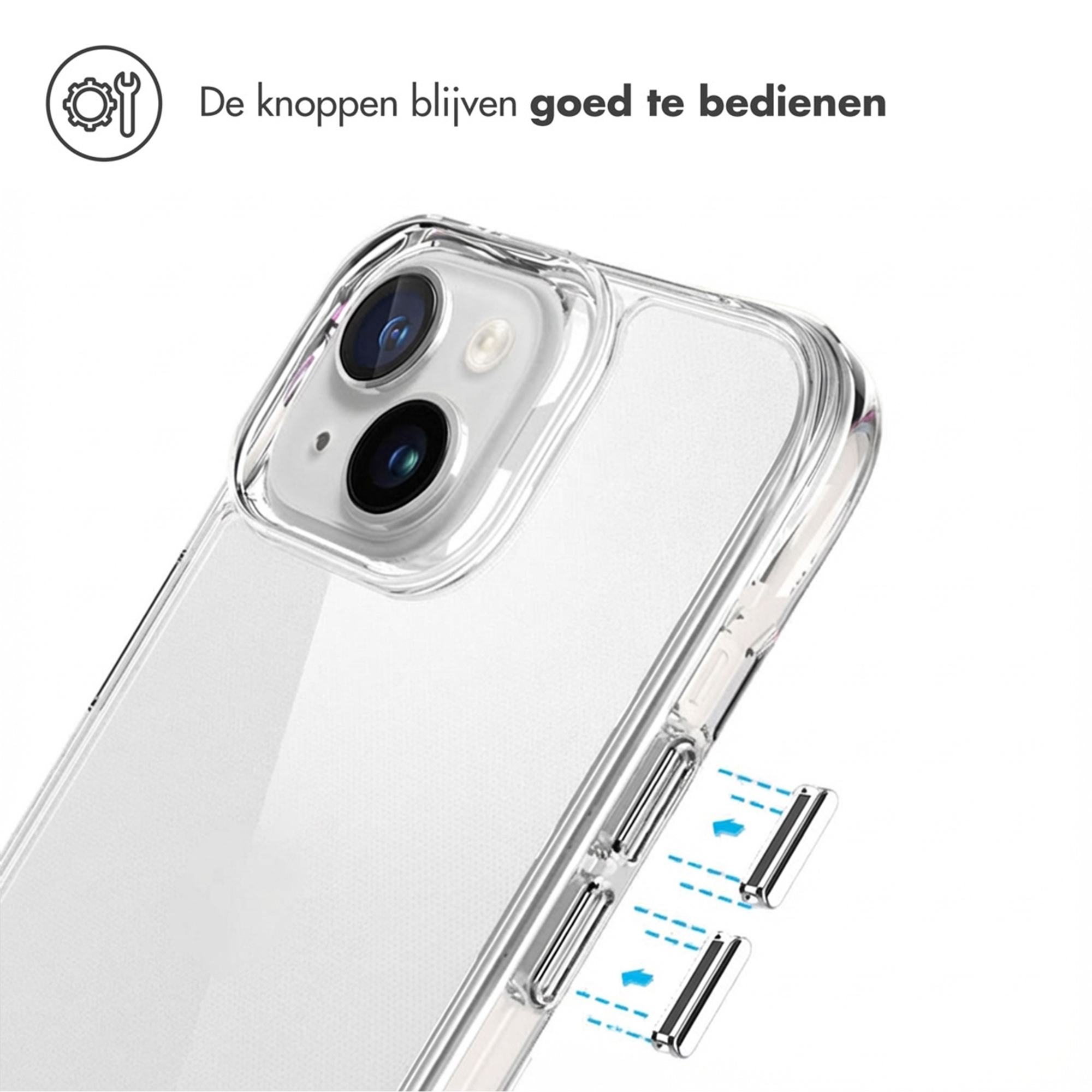 Coque transparente montrant boutons et module caméra. Icônes indiquent facilité.
