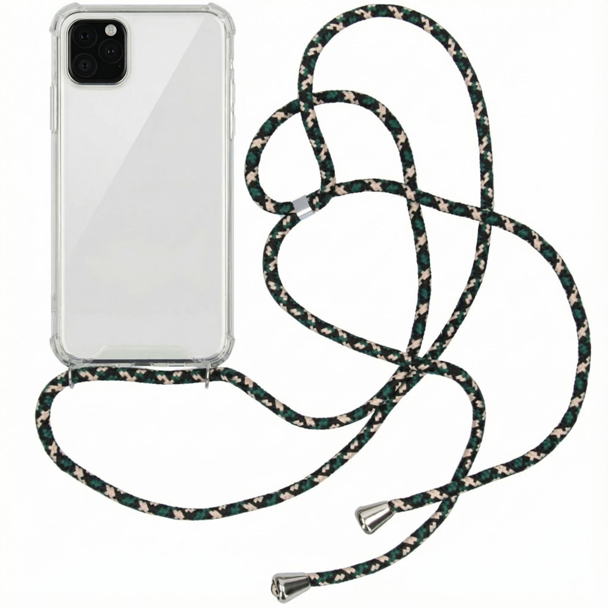 Een transparante telefoonhoes met een veelkleurig koord.