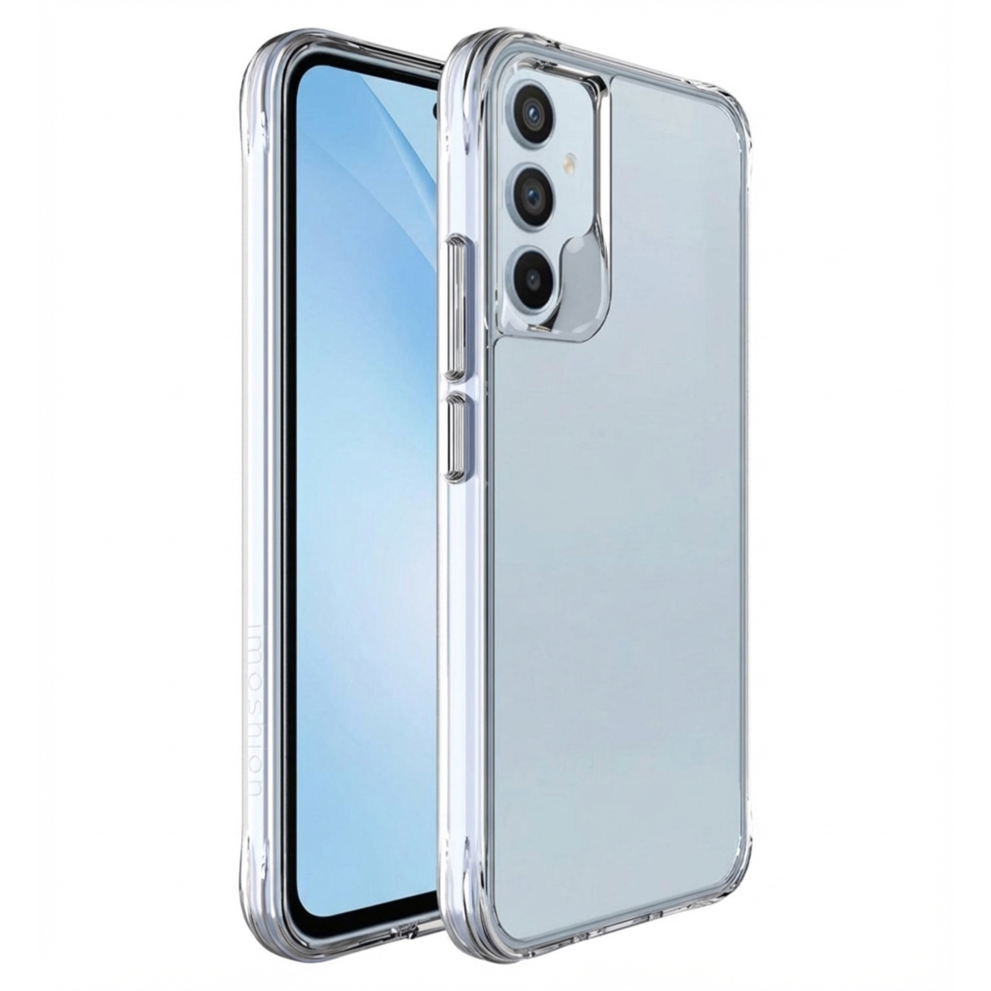 Doorzichtige telefoonhoes met drie cameralenzen en volumeknoppen.