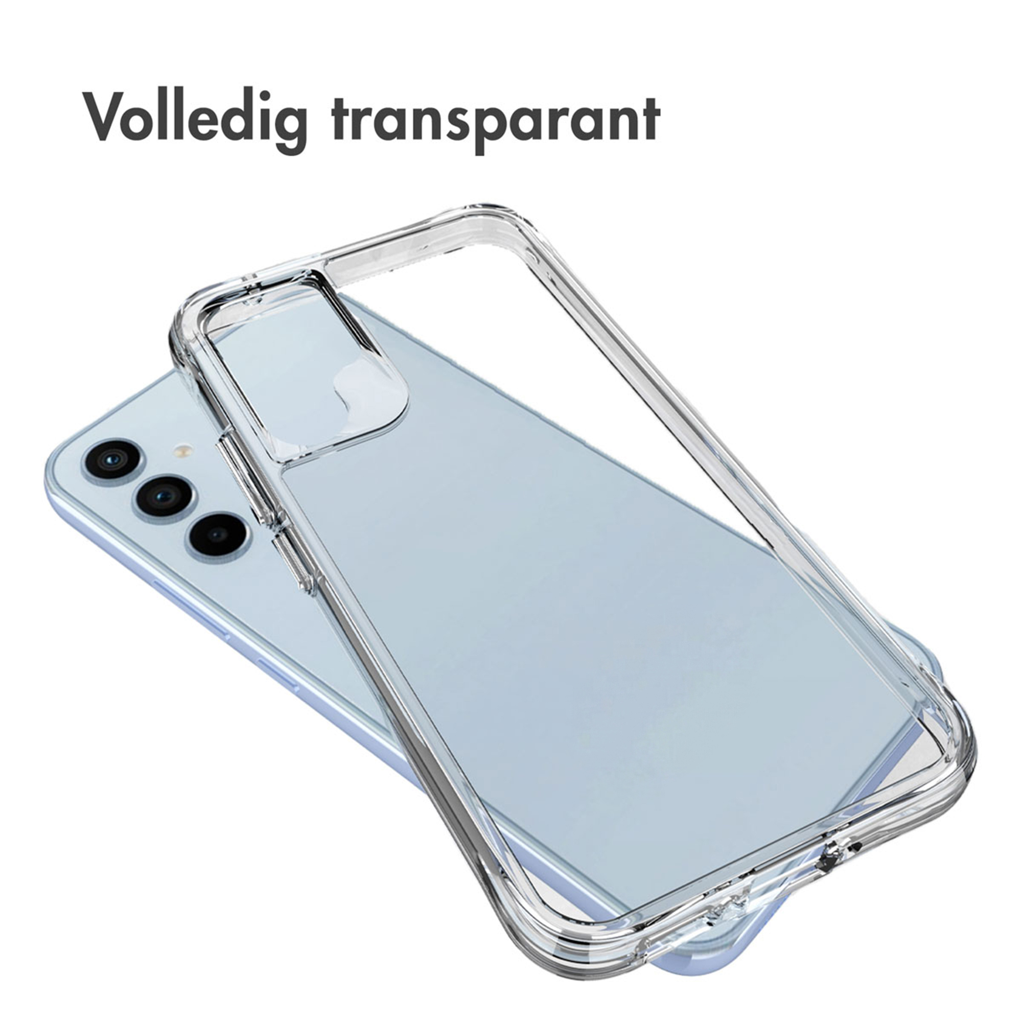 Een transparante telefoonhoes ligt op een lichtblauwe telefoon.