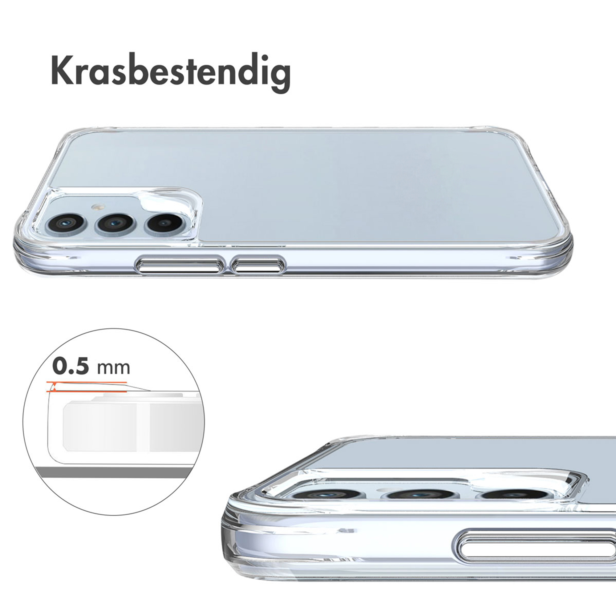 Transparante telefoonhoes met cameralenzen en 0,5 mm dikte detail.