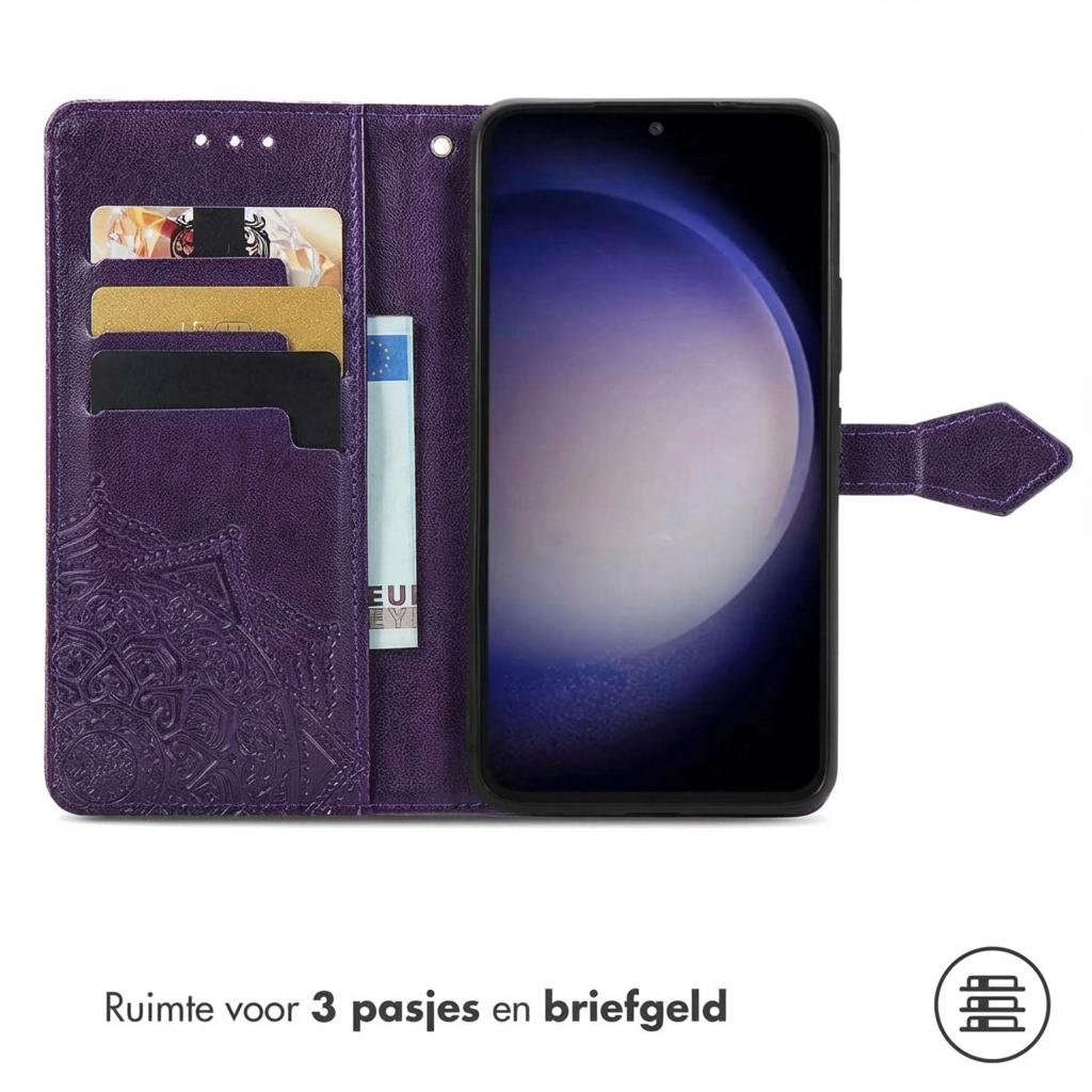 Paarse telefoonhoes met kaarthouders en geldvak. Toont een mobiele telefoon.