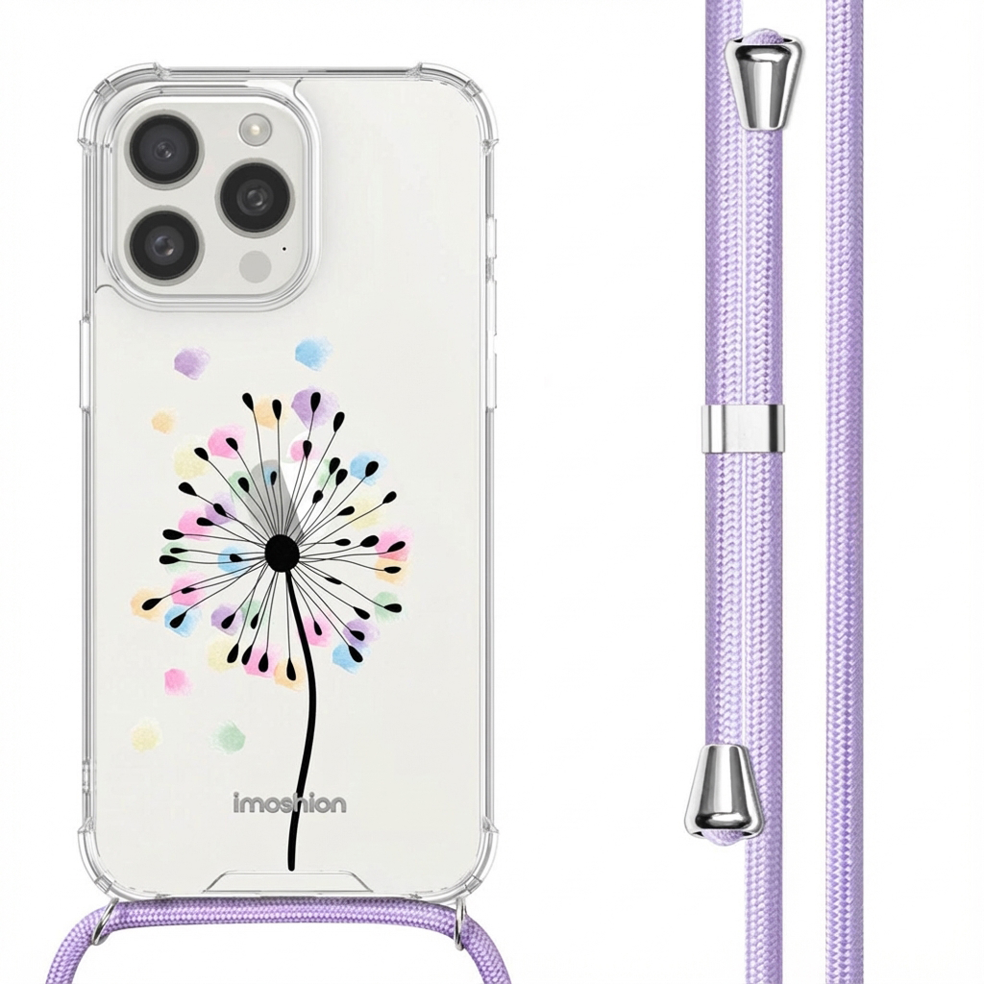 Coque de téléphone transparente avec motif pissenlit et cordon lilas.