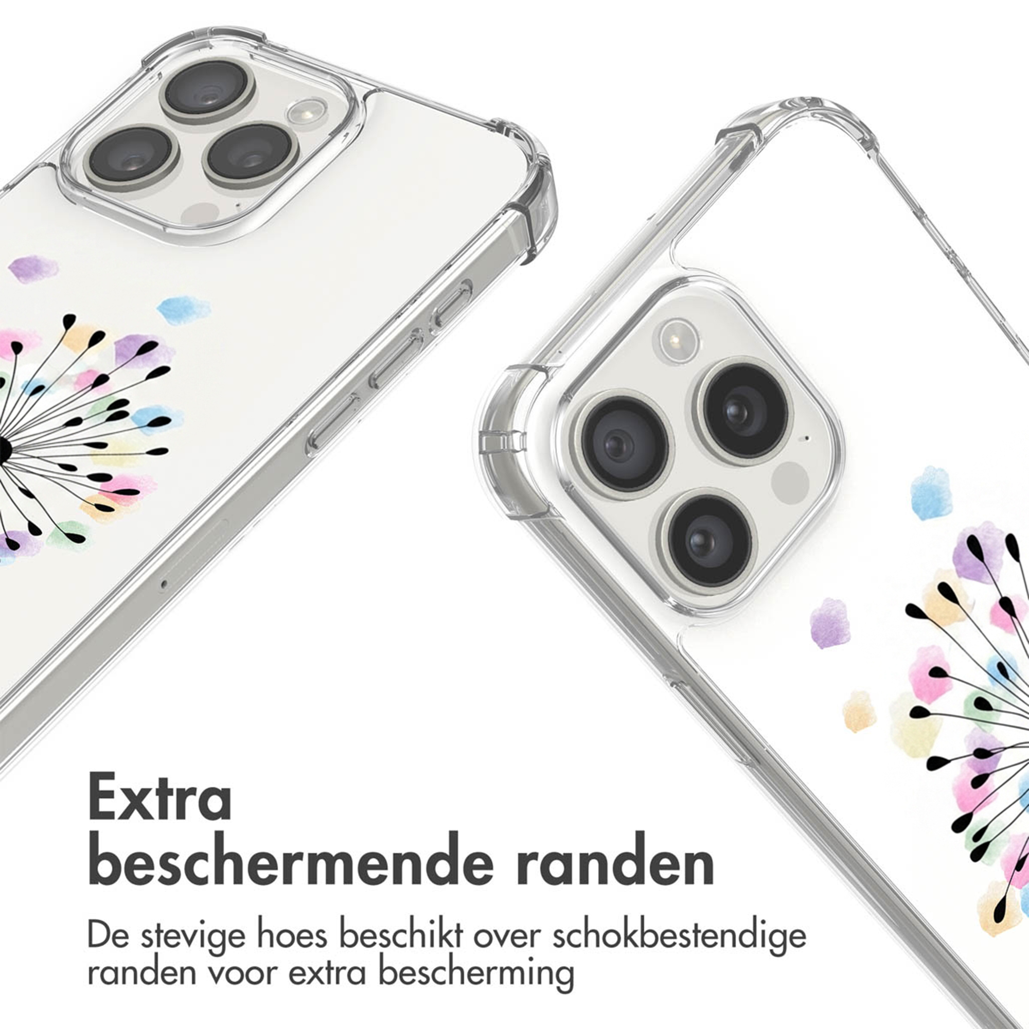Coque transparente à motif floral et texte 'Bords ultra protecteurs'.