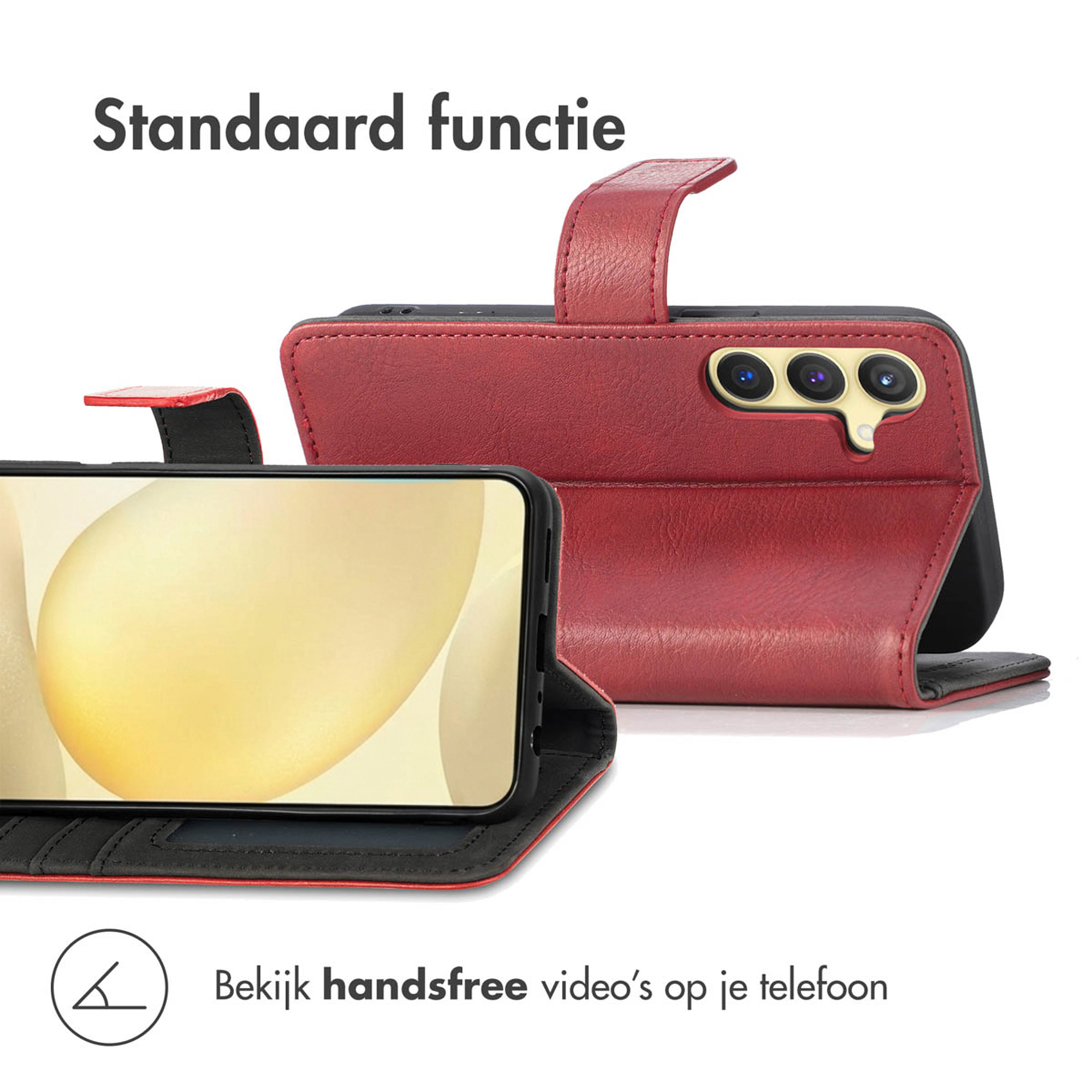 Étui de téléphone rouge ouvert, montrant le téléphone et le bloc de caméras.