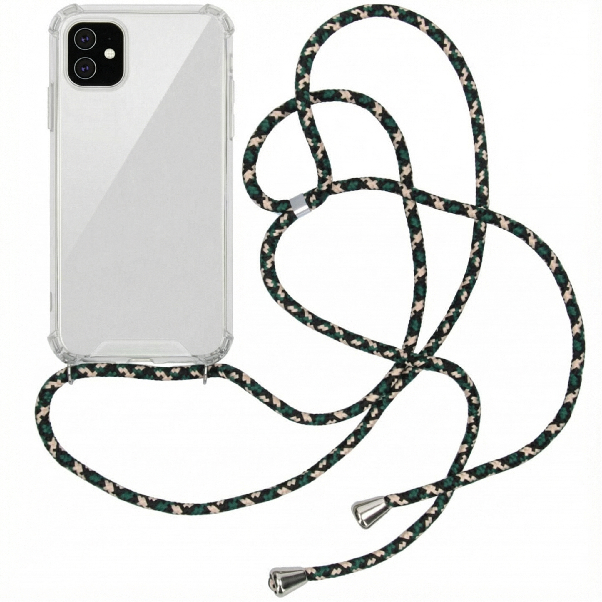 Doorzichtige telefoonhoes met een groen, zwart en wit camouflage koord.