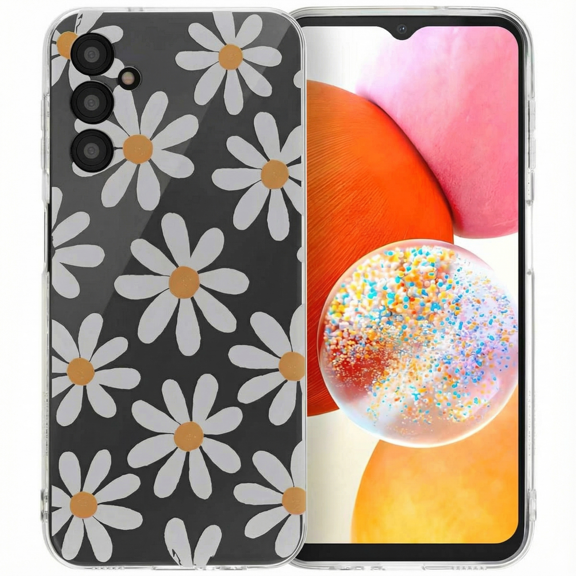 Een smartphone met een hoesje met madeliefjespatroon en kleurrijke achtergrondafbeelding.