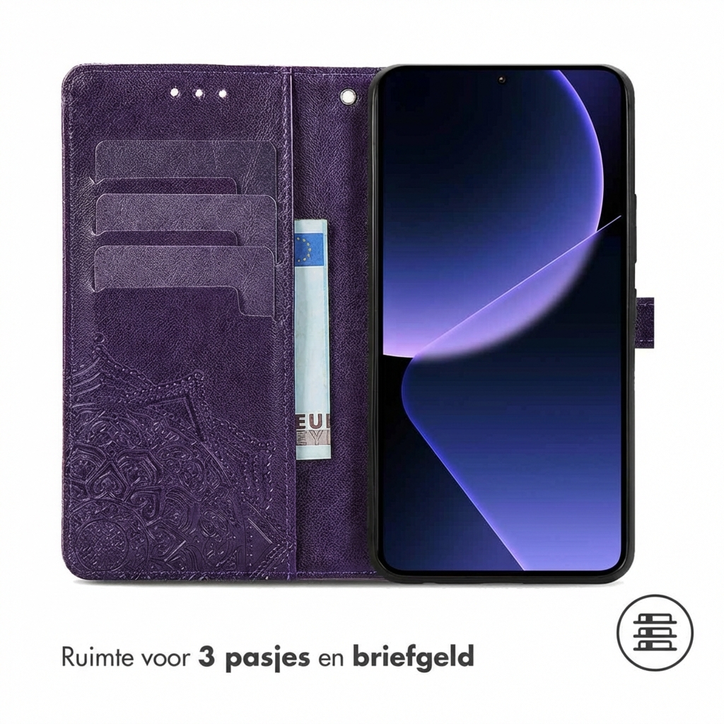 Paarse portemonfee telefoonhoes met kaartsleuven en bankbiljet. Icoon.