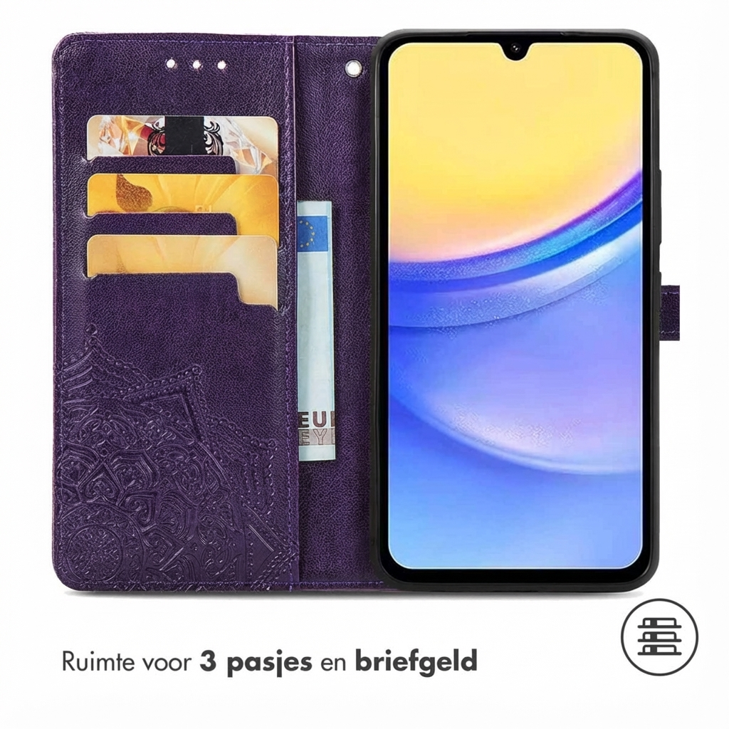 Paarse telefoonhoes met kaarthouders en geldvak, toont een smartphone.