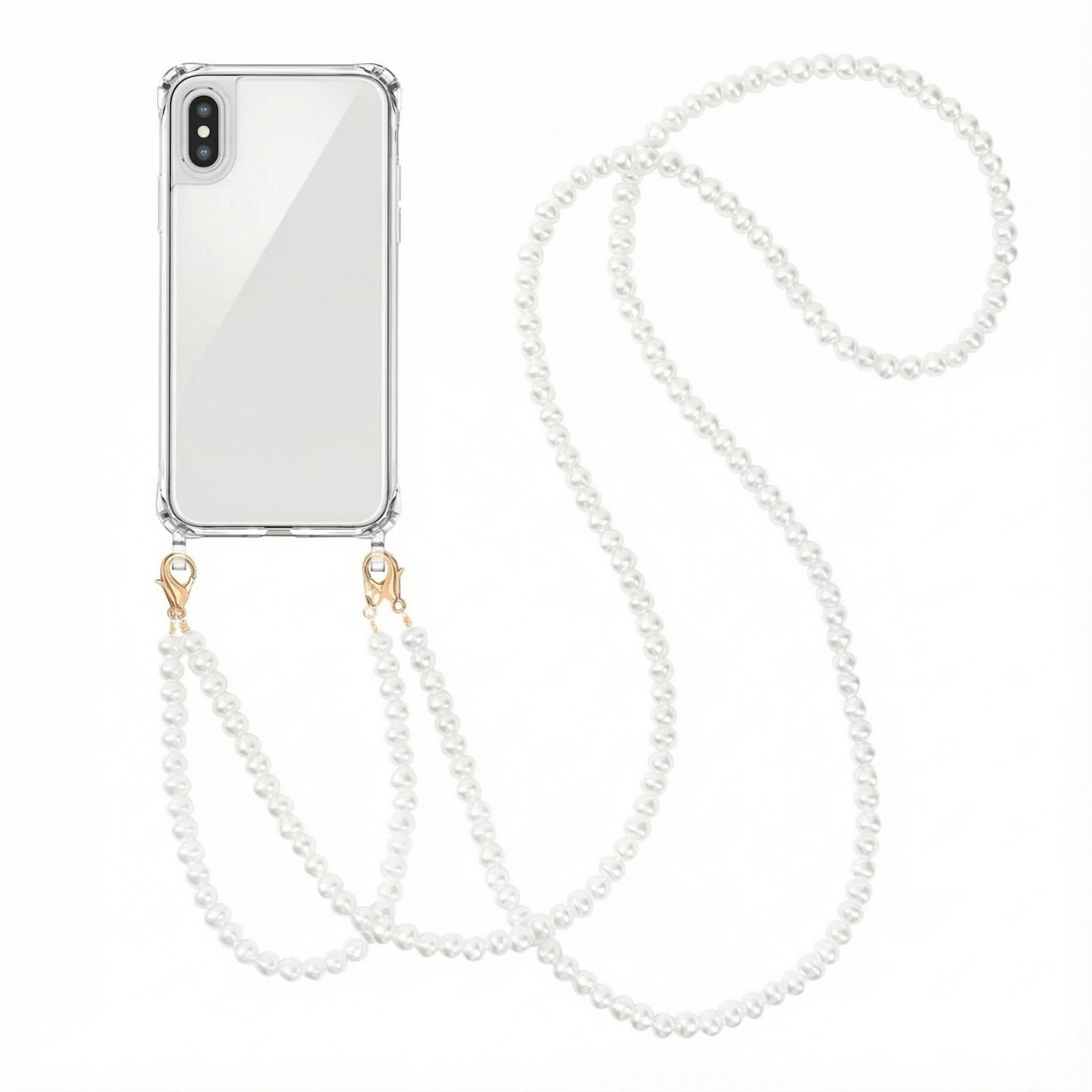 Una cover trasparente per telefono con collana di perle e chiusure dorate.