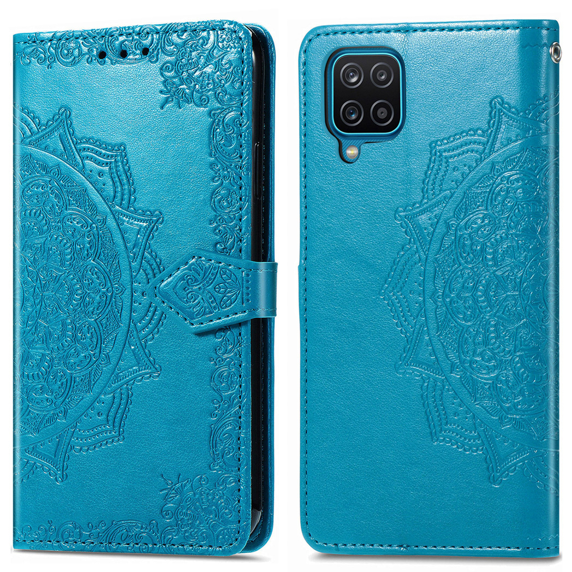 Une housse de téléphone bleu sarcelle à motif mandala en relief, ouverte et fermée.