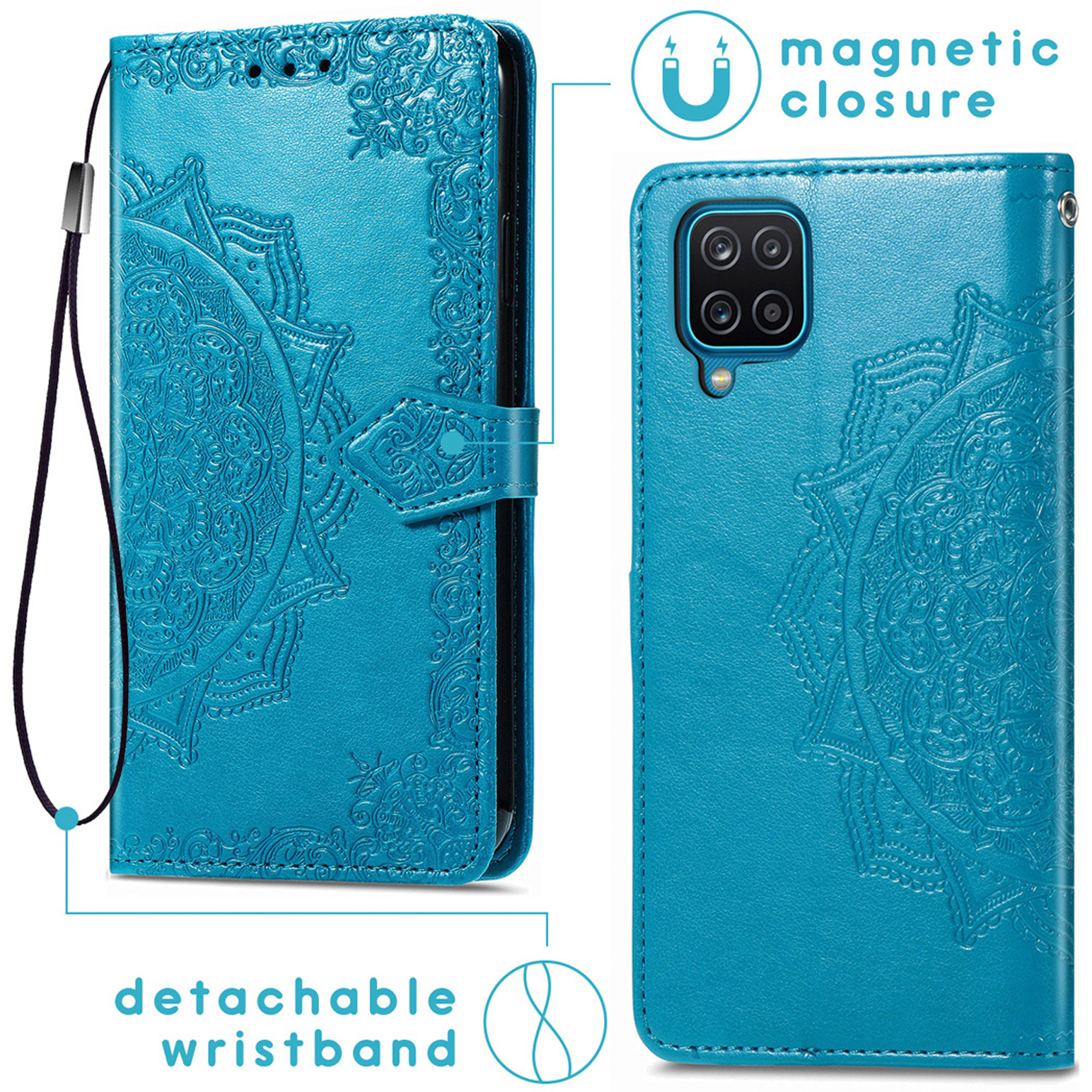 Étui de téléphone turquoise gaufré avec motif mandala, fermeture magnétique et dragonne.