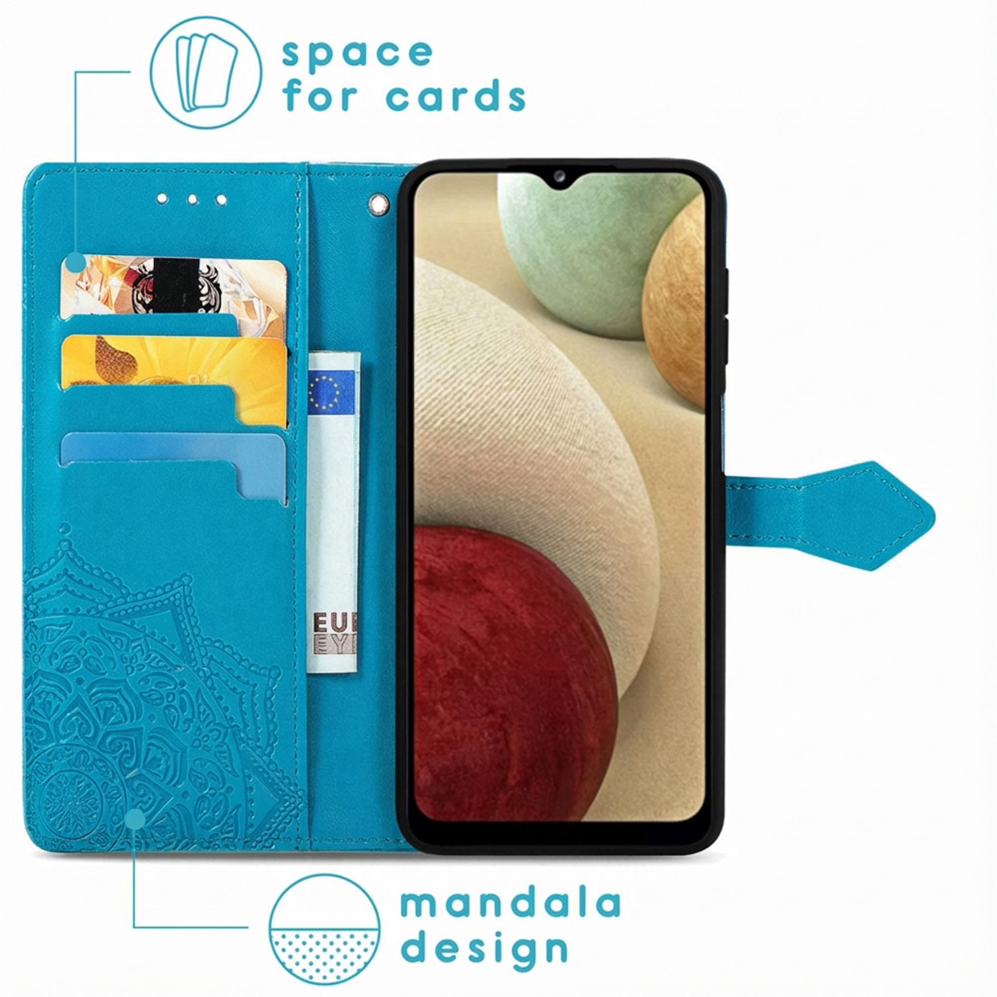 Étui de téléphone turquoise avec emplacements pour cartes, design mandala et smartphone.