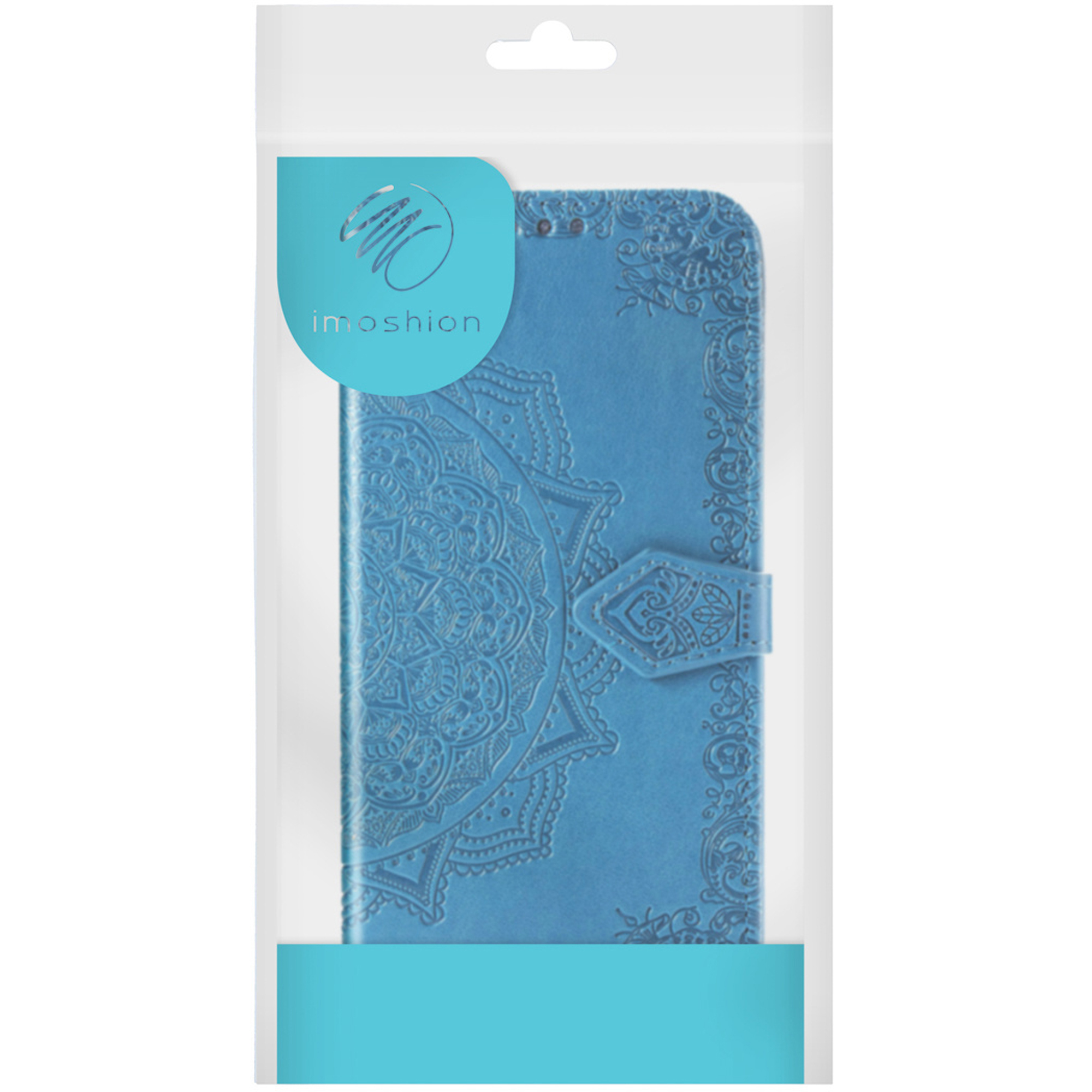 Coque de téléphone bleue avec motif mandala en relief, dans un emballage transparent.