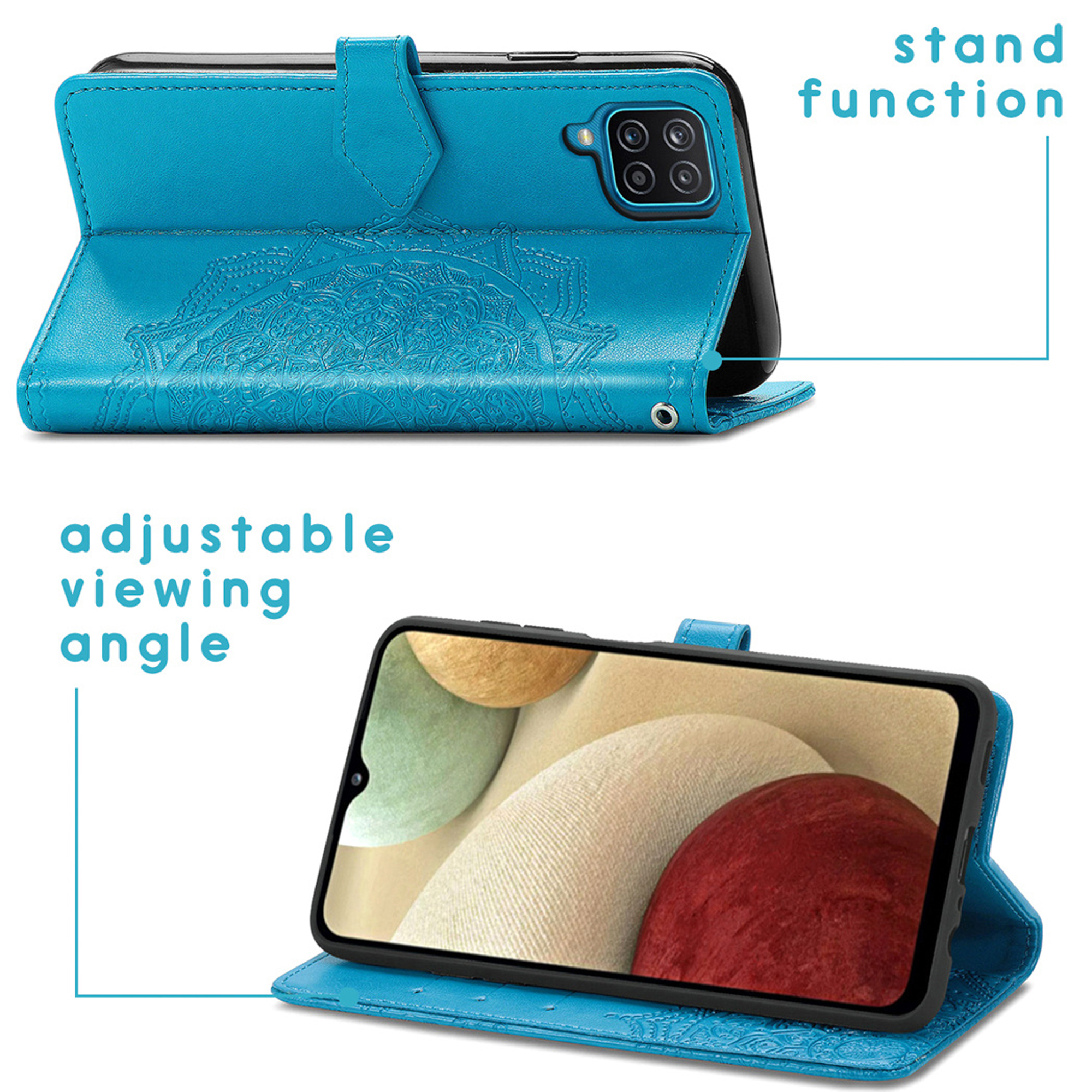 Étui de téléphone bleu avec gaufrage mandala, fonction support et angle de vue réglable.