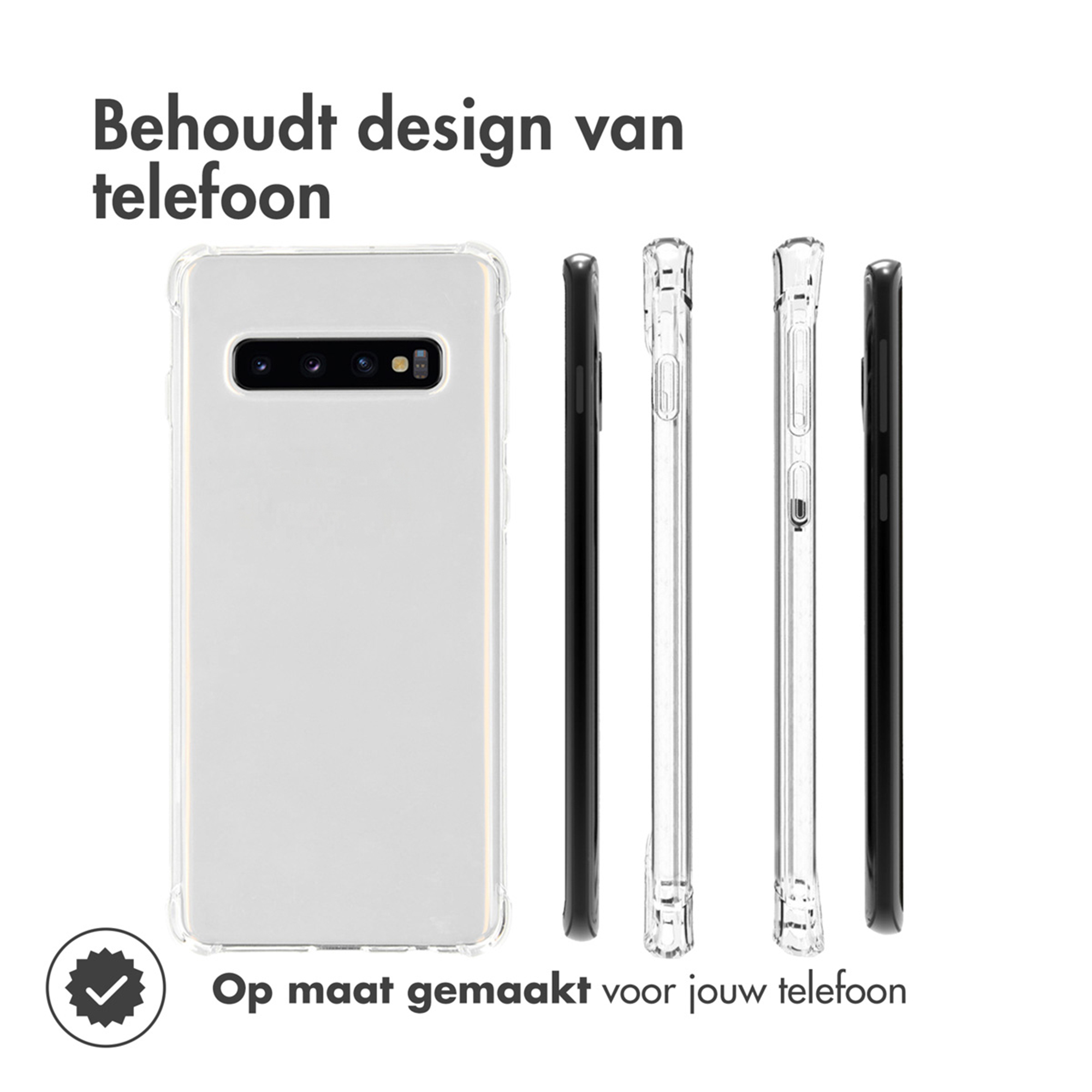 Een set doorzichtige telefoonhoesjes met telefoon, twee hoesjes en een kwaliteitskeurmerk.