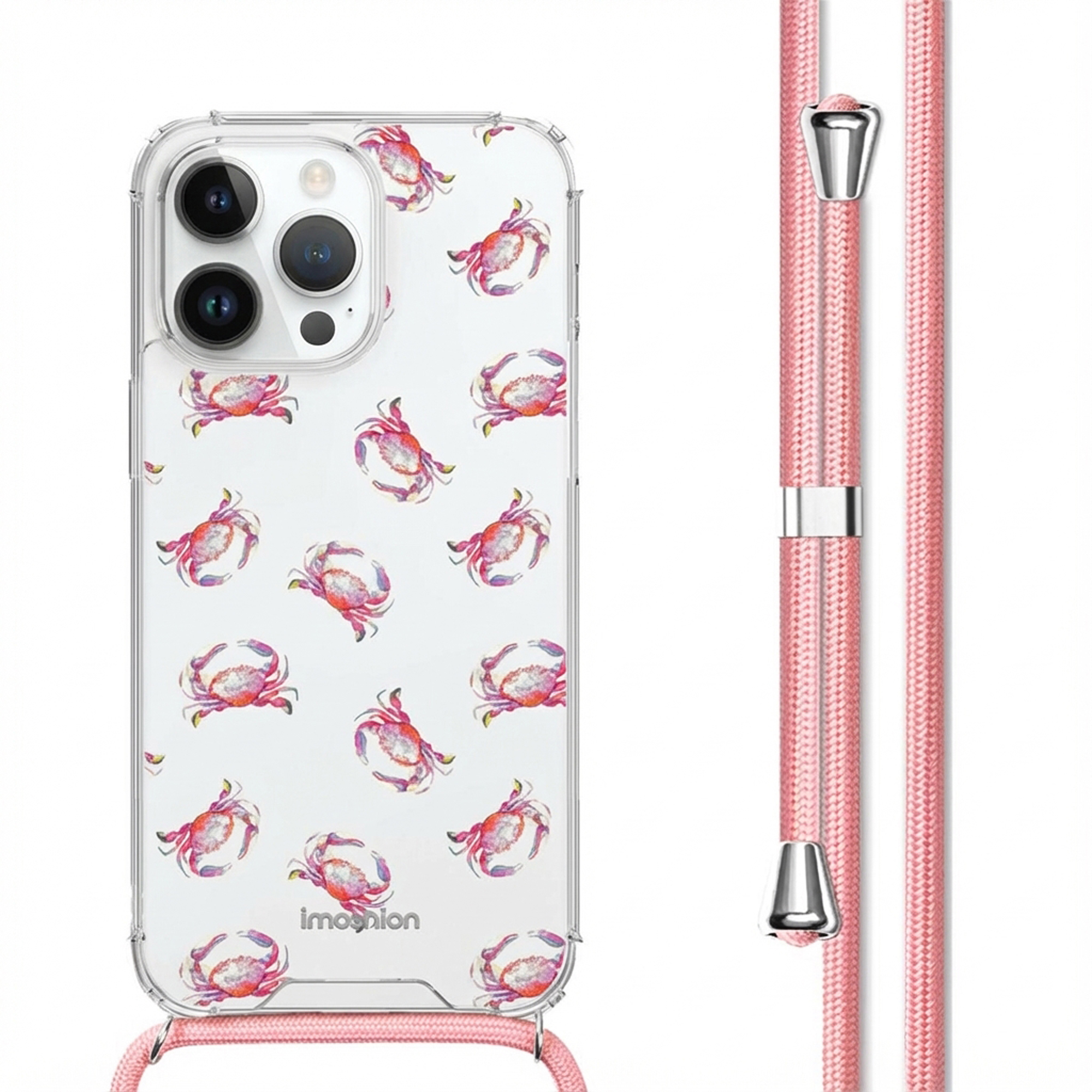 Doorzichtig telefoonhoesje met krabbenprint en roze band.