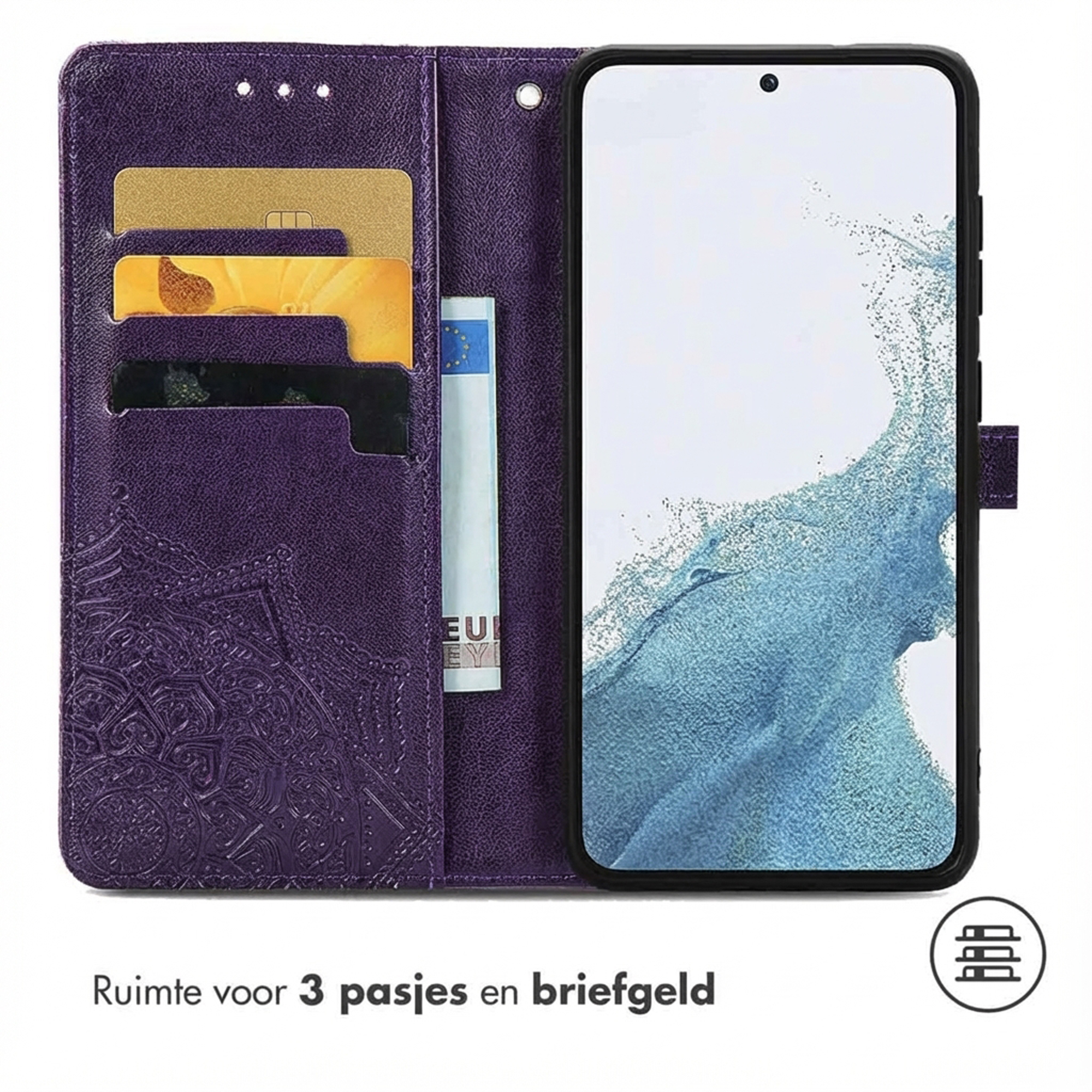 Paarse portemonnee hoes met telefoon, kaarthouders en biljetvak.