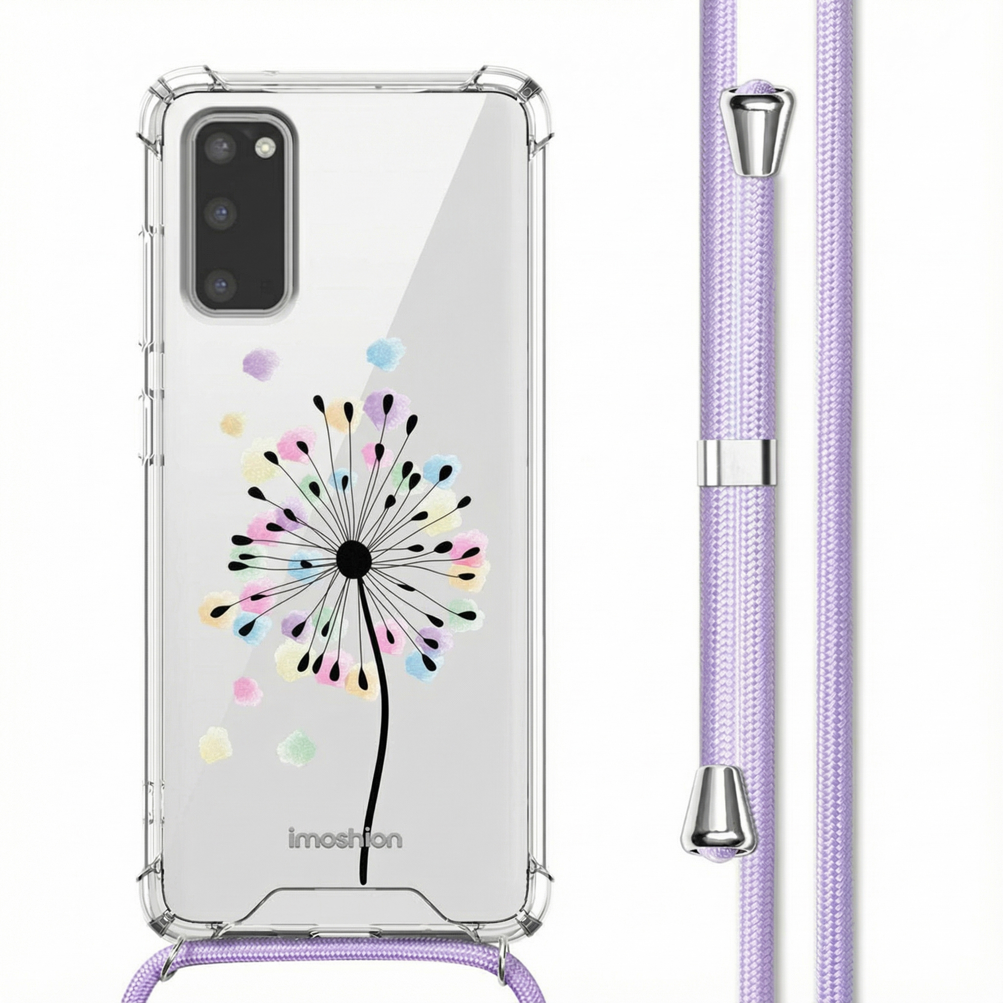 Une coque de téléphone transparente avec un design de pissenlit et un cordon lavande.