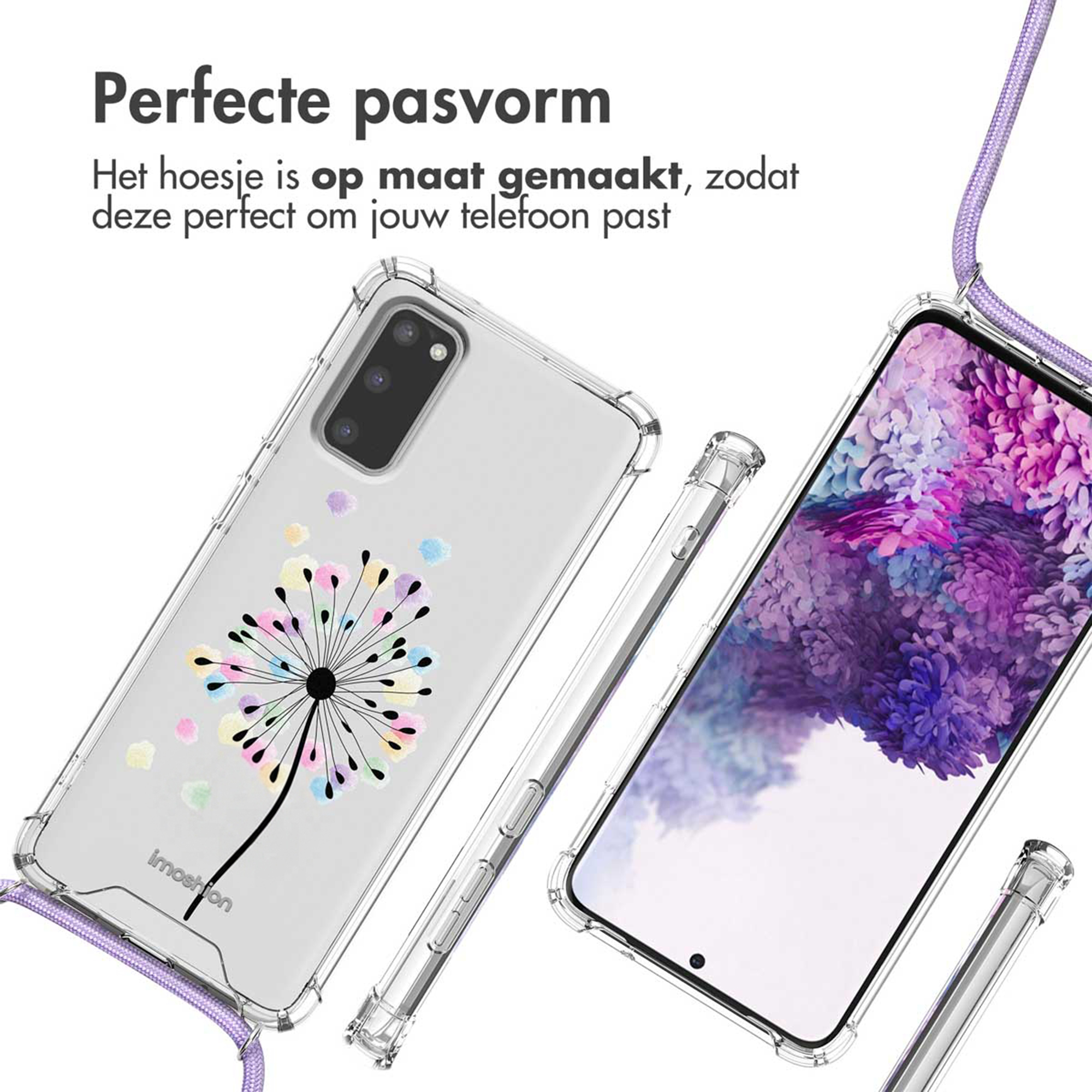 Coque de téléphone transparente avec motif pissenlit coloré et cordon.