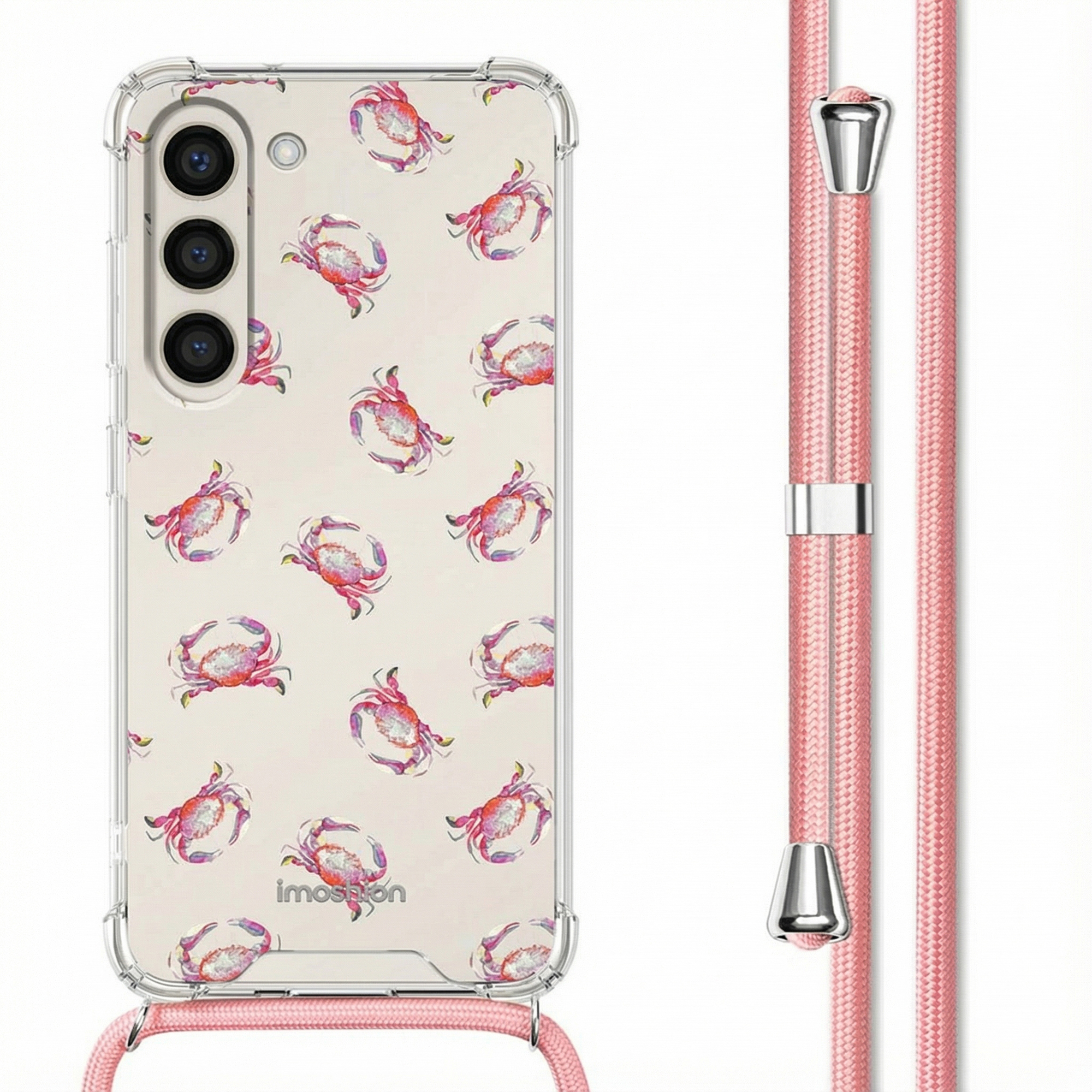 Coque transparente avec motif crabe et cordon rose.