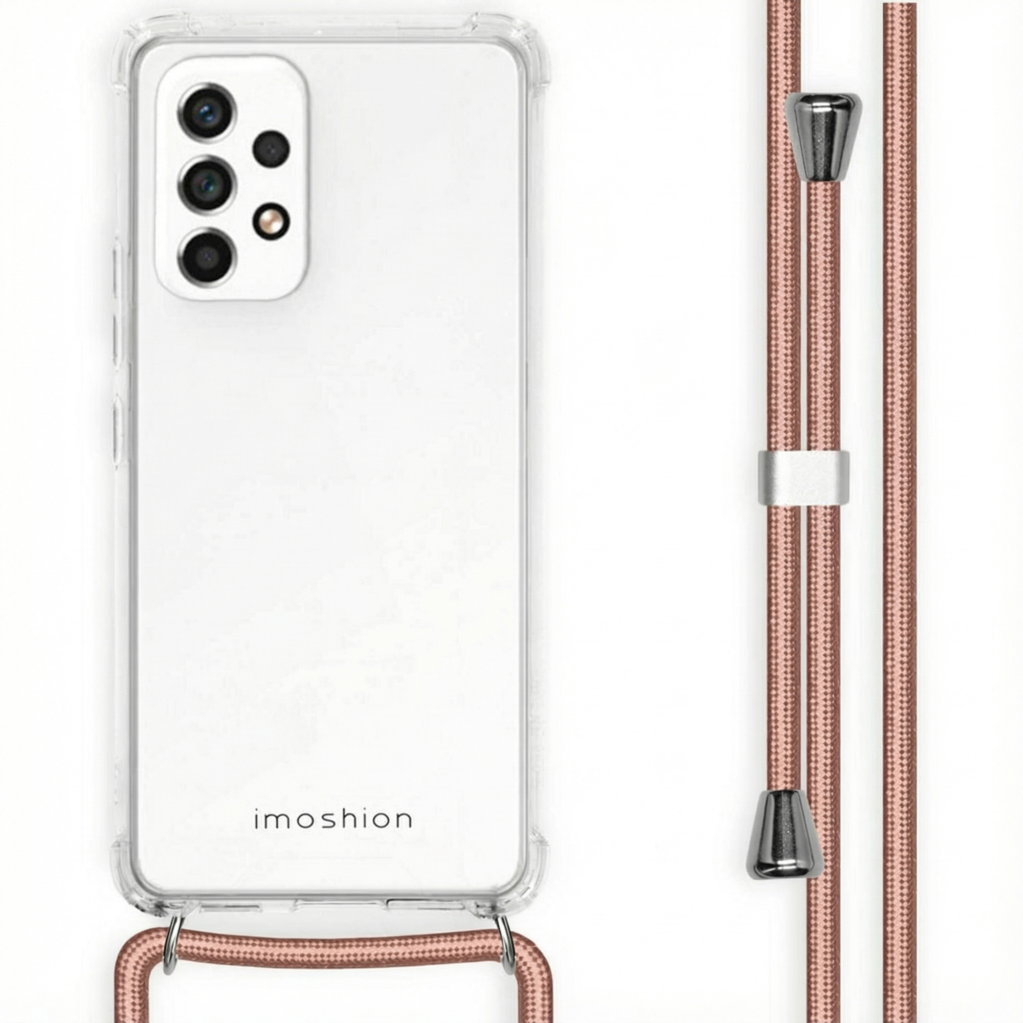 Transparante telefoonhoes met vier camera's en roségouden koord.