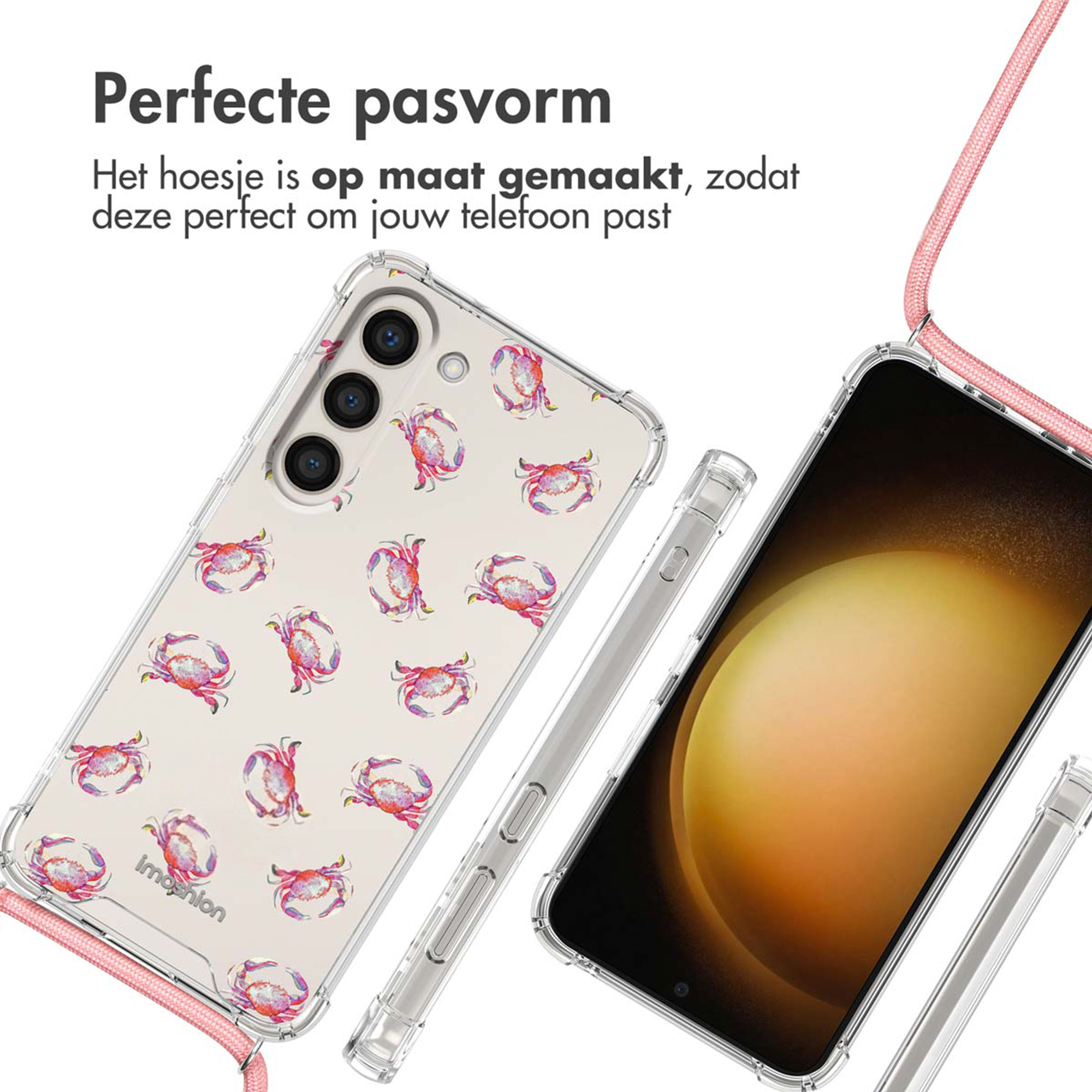 Coque de téléphone transparente avec motif crabe et cordon rose.