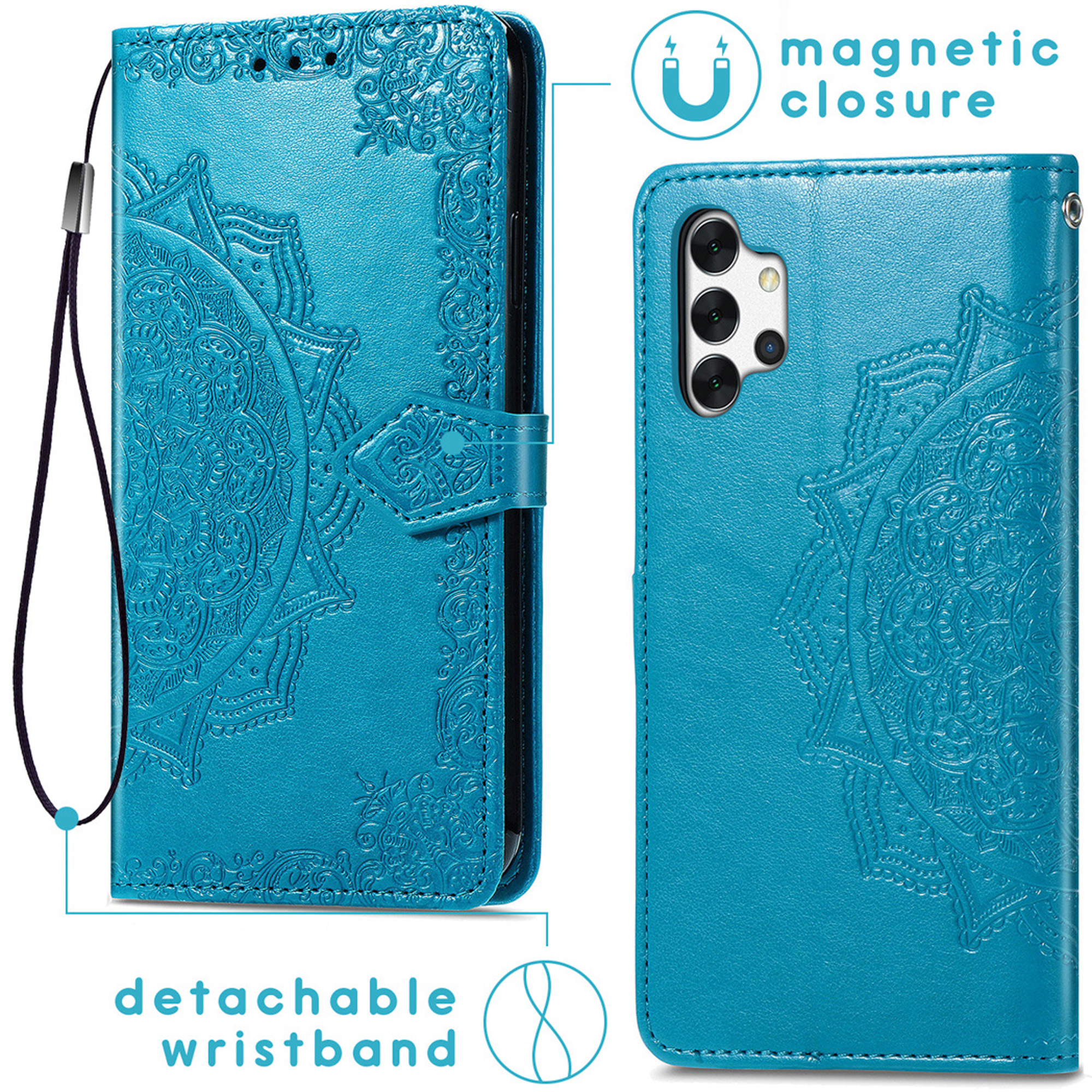 Custodia per telefono blu con mandala in rilievo, cinturino da polso rimovibile.