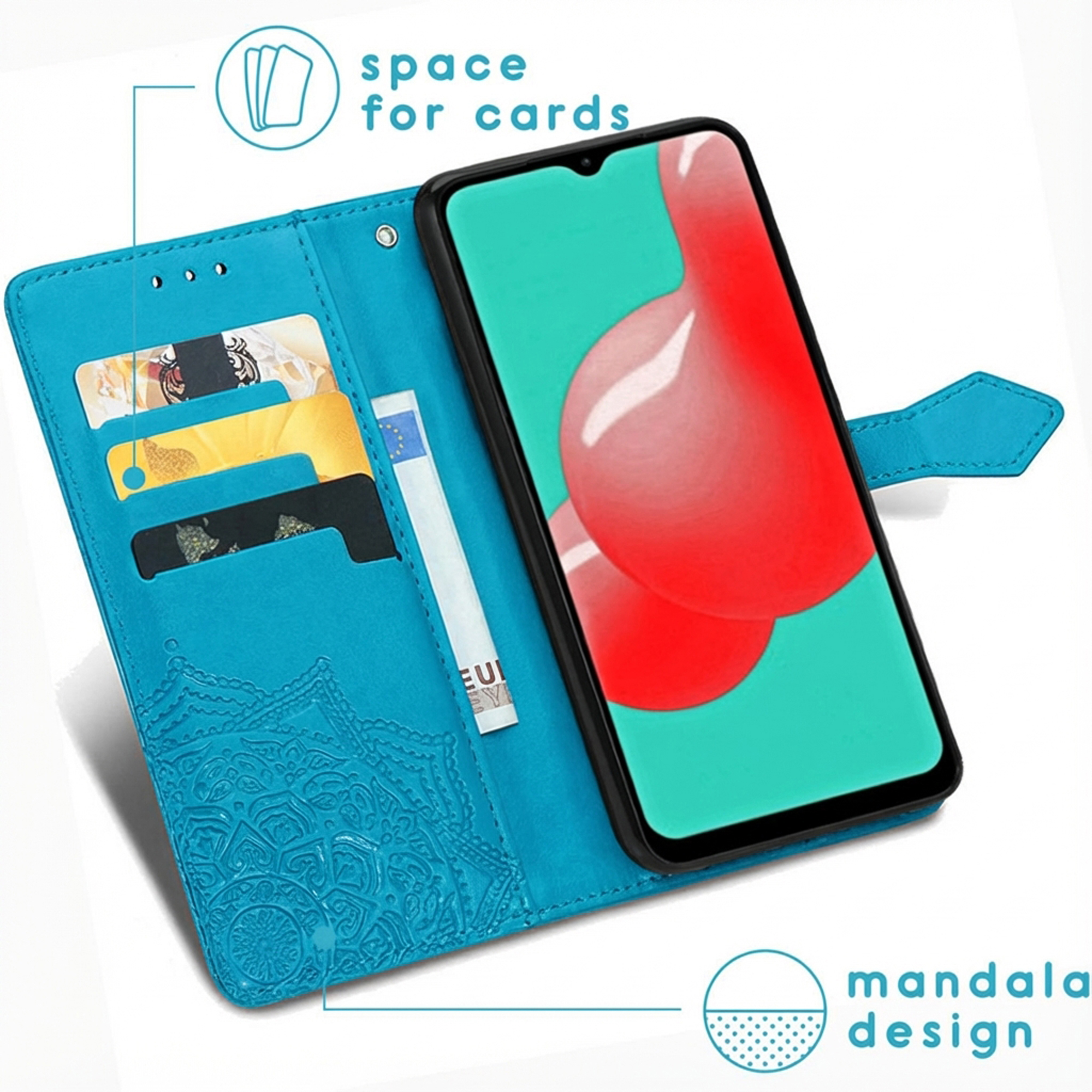 Custodia blu per telefono con slot per carte e goffratura mandala.