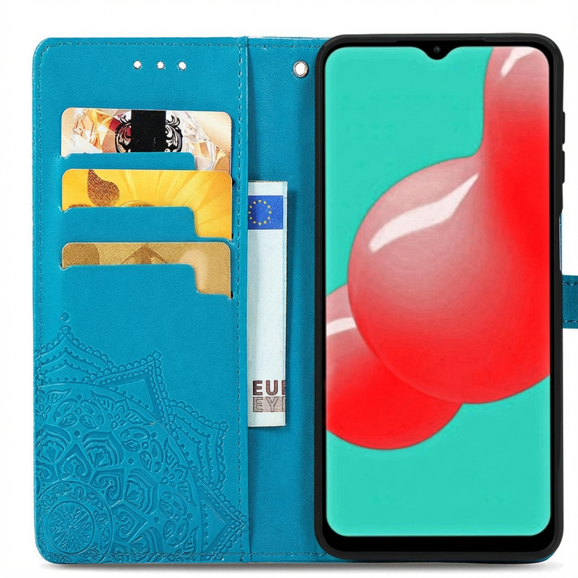Custodia blu per telefono con slot per carte e telefono con sfondo rosso e turchese.