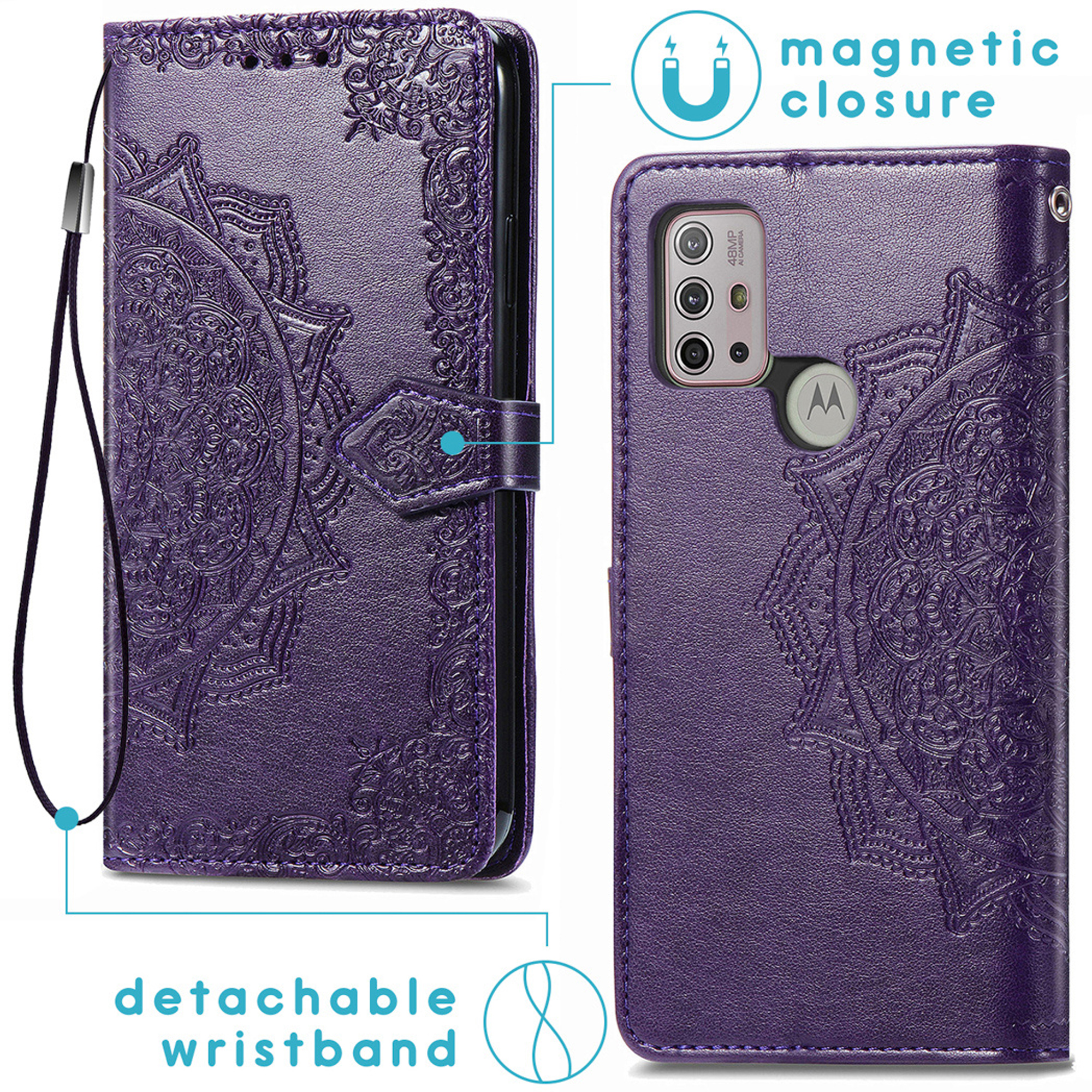 Custodia viola per telefono con mandala in rilievo, cinturino staccabile, chiusura.