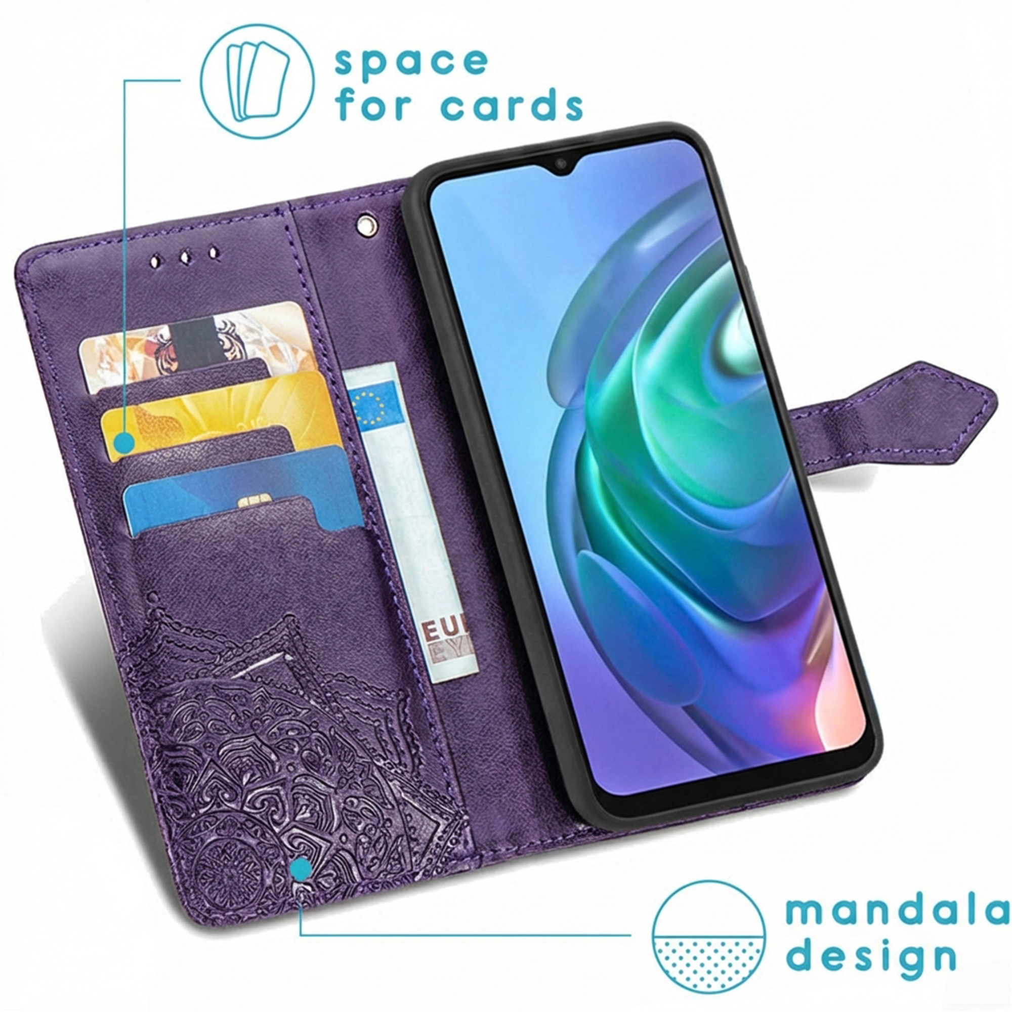 Custodia viola a portafoglio per telefono con slot per carte, design mandala e schermo.