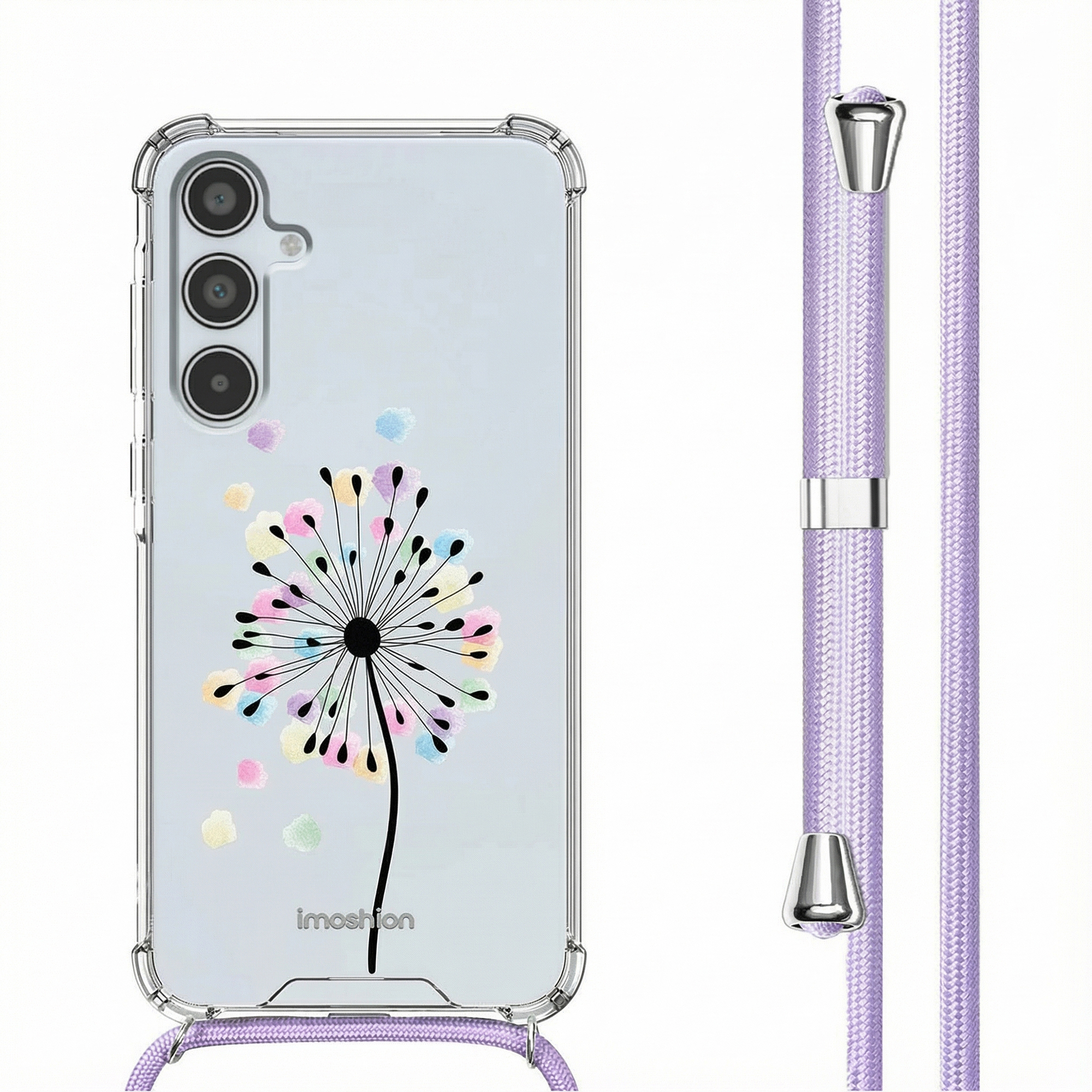 Coque transparente avec motif pissenlit et cordon violet.