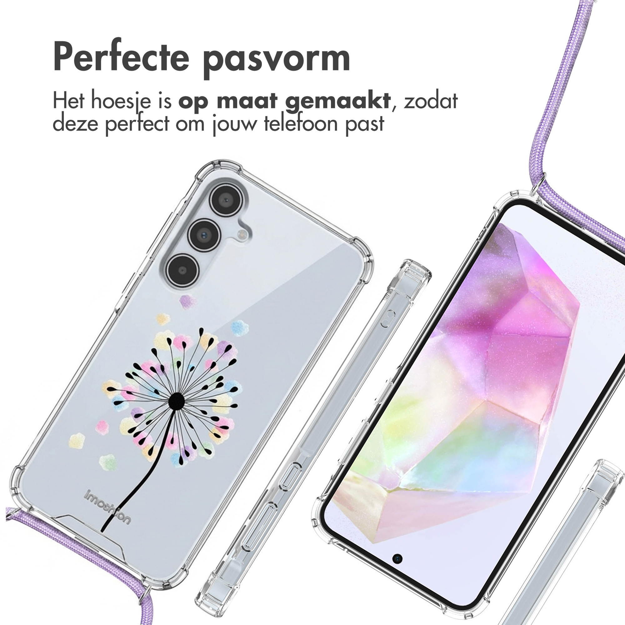 Coque de téléphone transparente avec cordon violet et motif pissenlit.