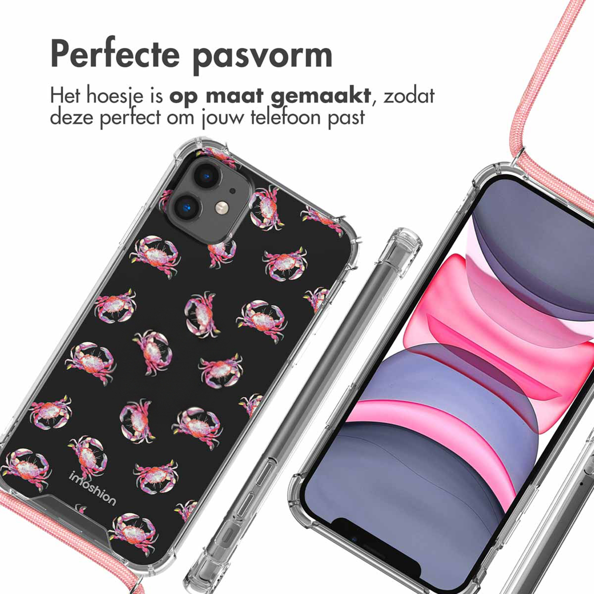 Coque de téléphone noire avec motif de crabe et cordon rose.